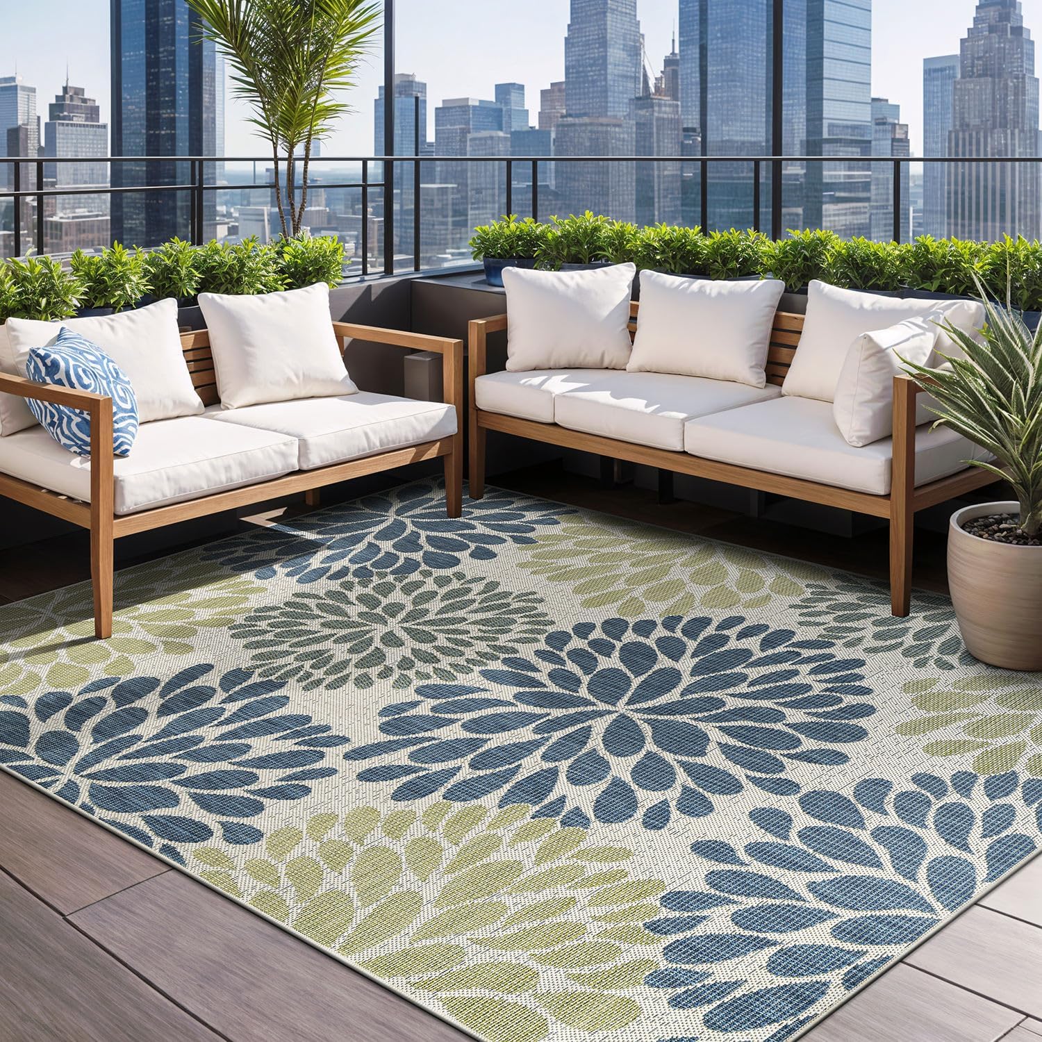 Beverly Rug Outdoor Rug 6x9 Modern Bordered Area Rugs for Indoor and Outdoor Patio Deck Porch Garden Waterproof Weather Sun Resistant Washable Outside Carpet (6 x 9 Navy)