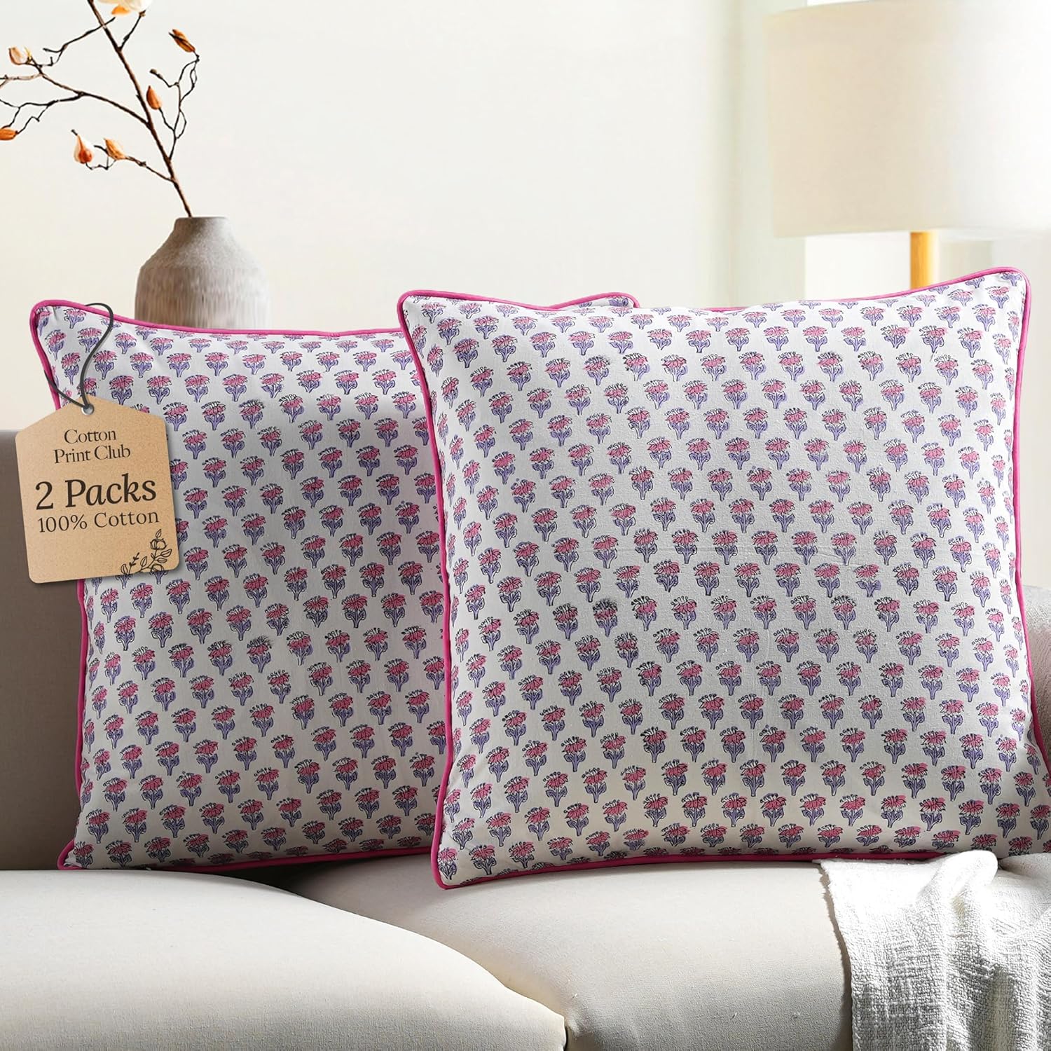 CPC 100% Cotton Throw Pillow Covers 20x20 Inch, Set of 2 Green Block Print Pattern Couch Pillow, Cute Boho Decorative Pillows for Living Room, Bedroom with Hidden Zipper- Agate Green