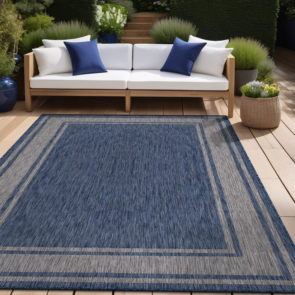 Beverly Rug Outdoor Rug 6x9 Modern Bordered Area Rugs for Indoor and Outdoor Patio Deck Porch Garden Waterproof Weather Sun Resistant Washable Outside Carpet (6 x 9 Navy)