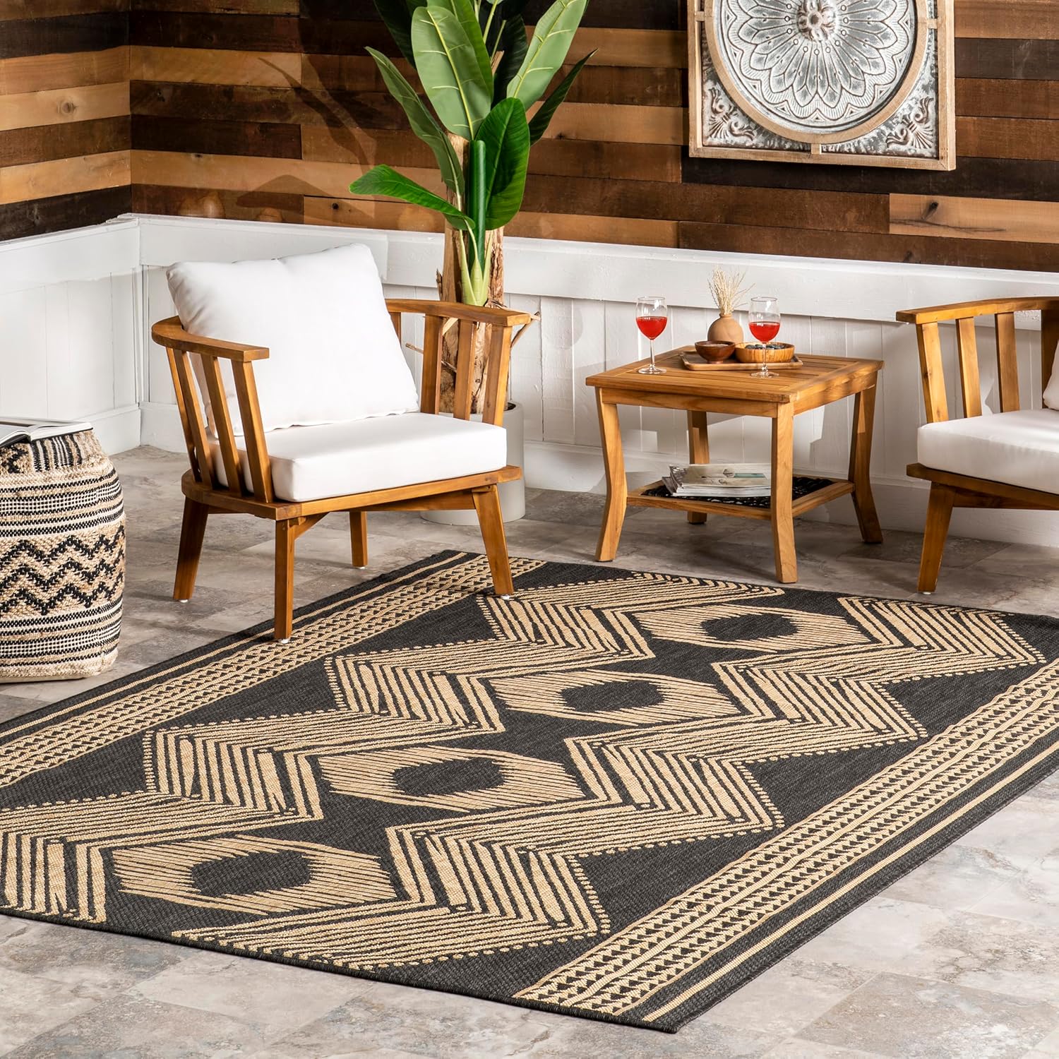 nuLOOM 5' x 8' Outdoor Tribal Geometric Area Rug, Stain Resistant, Weather Resistant, High Traffic, Patio, Balcony, Outside, Ranya Dark Grey