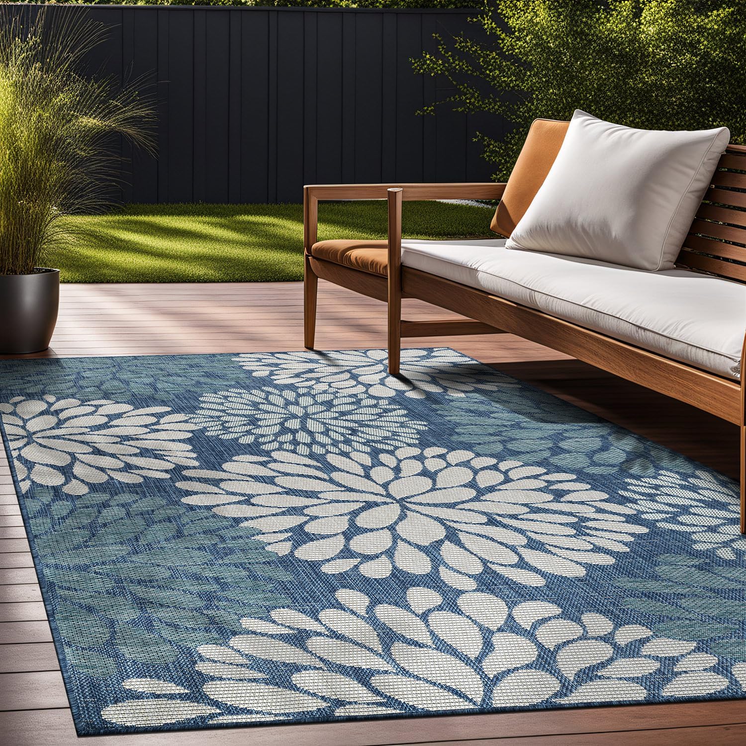Beverly Rug Outdoor Rug 6x9 Modern Bordered Area Rugs for Indoor and Outdoor Patio Deck Porch Garden Waterproof Weather Sun Resistant Washable Outside Carpet (6 x 9 Navy)