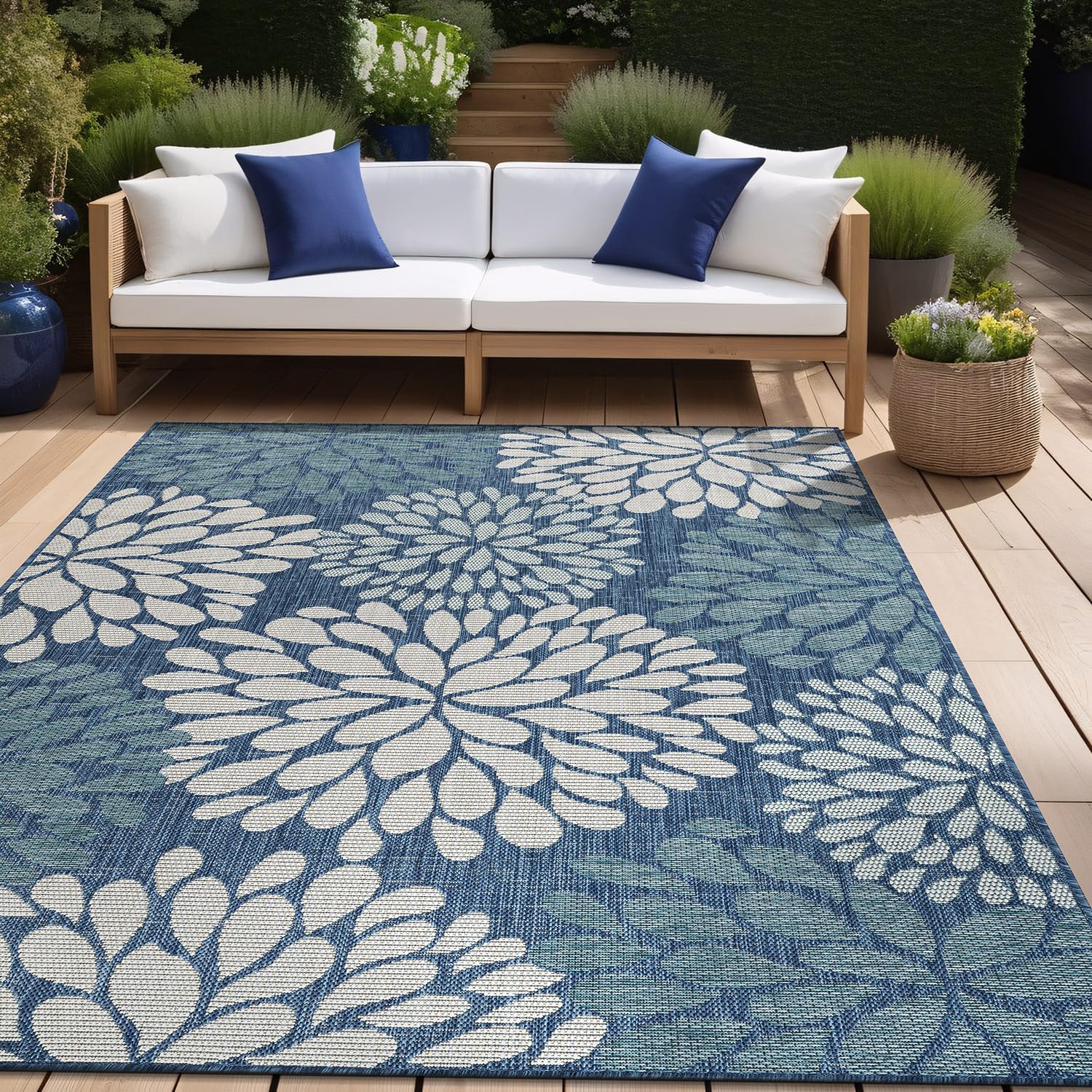 Beverly Rug Outdoor Rug 6x9 Modern Bordered Area Rugs for Indoor and Outdoor Patio Deck Porch Garden Waterproof Weather Sun Resistant Washable Outside Carpet (6 x 9 Navy)