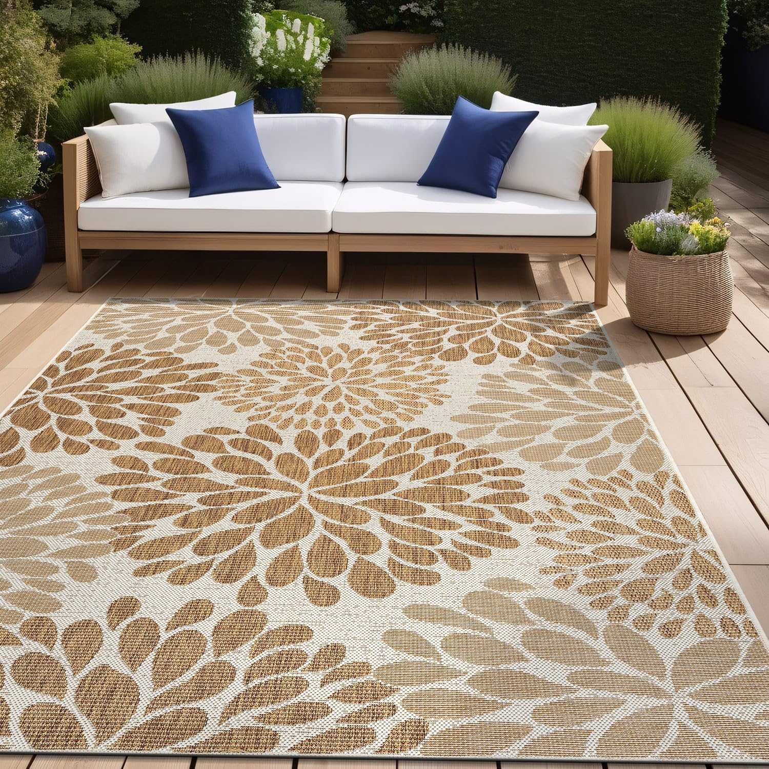 Beverly Rug Outdoor Rug 6x9 Modern Bordered Area Rugs for Indoor and Outdoor Patio Deck Porch Garden Waterproof Weather Sun Resistant Washable Outside Carpet (6 x 9 Navy)