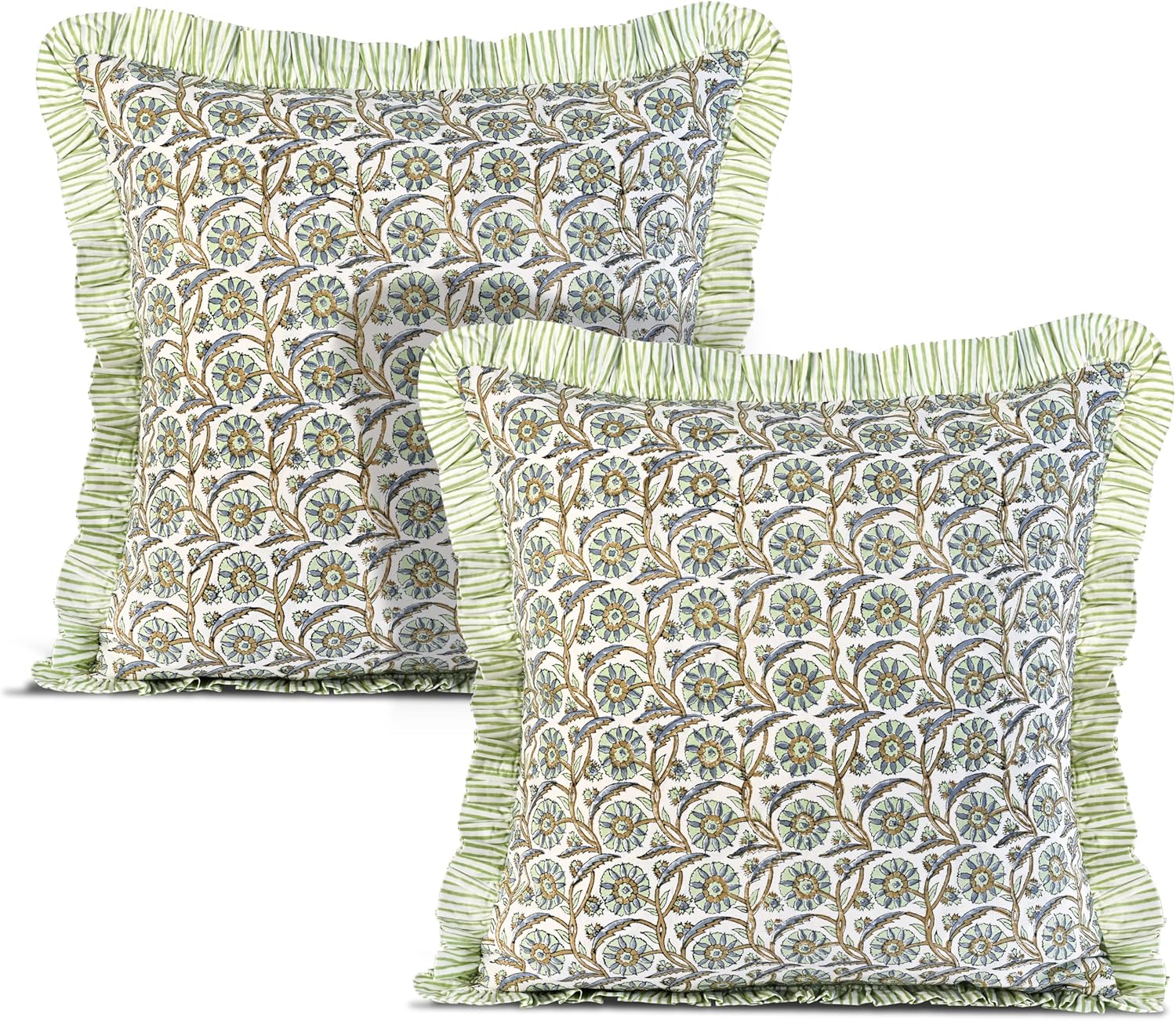 Ridhi Block Print Basil Green Throw Pillow Cover 18" x 18" (Pack of 2) Decorative Cushion Covers with Ruffle for Couch, Sofa, Bed, Living Room, Home Decor Gift for Spring, Easter, Valentine