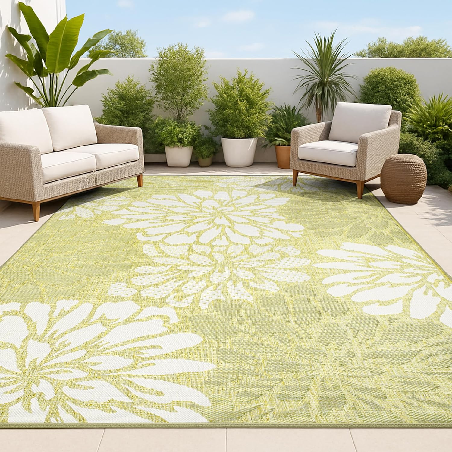 JONATHAN Y Floral Textured Weave Indoor Outdoor Area Rug 8X10 Navy/Green, Zinnia Modern for Backyard, Patio, Porch, Easy-Cleaning, High Traffic, Pet-Friendly, Non-Shedding (SMB110B-8)