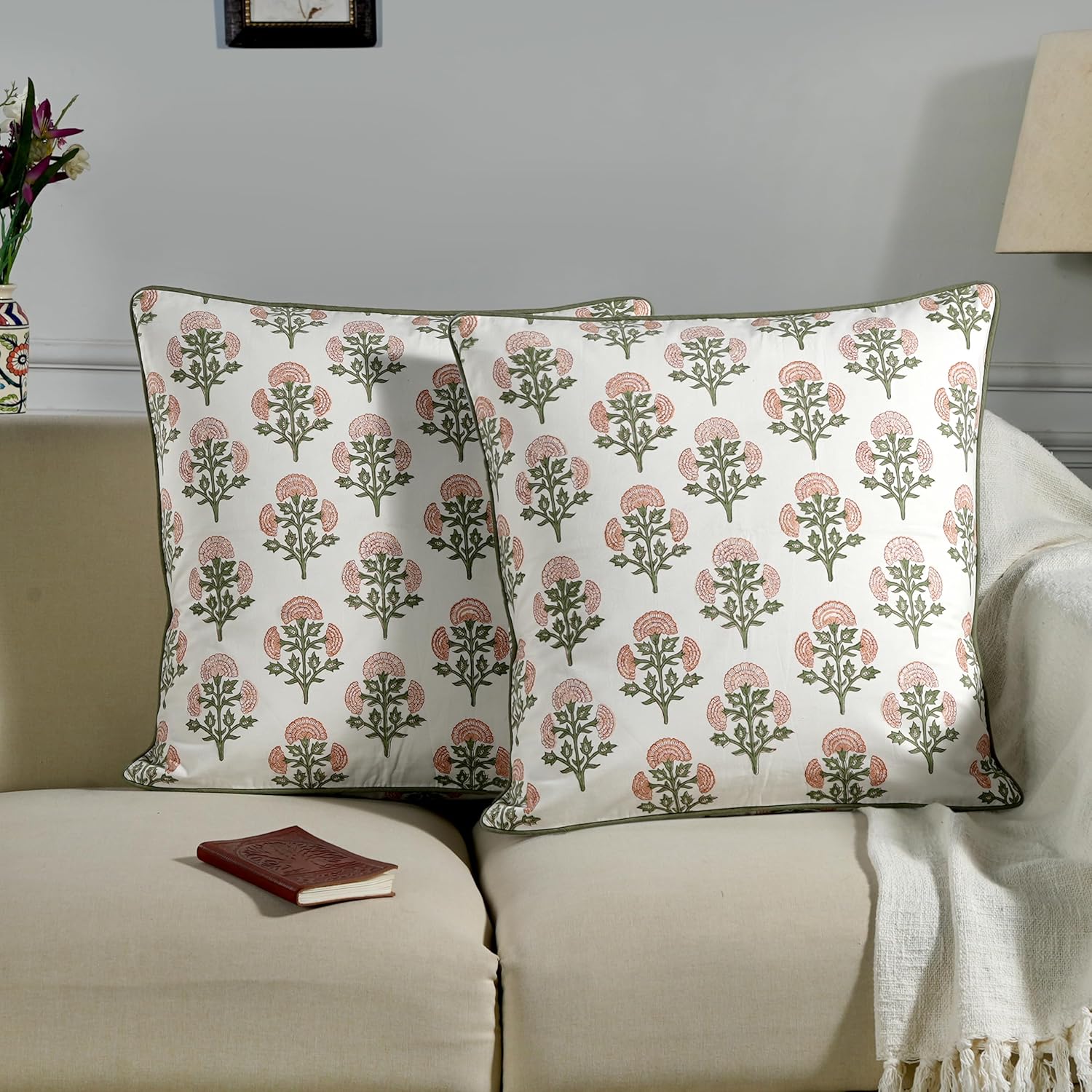 Ridhi Block Print Asparagus Green Pillow Cover 20" x 20" (Pack of 2) Decorative Couch Pillows for Living Room, Chic Boho Cute Outdoor Pillows Covers Gifts for Spring, Easter and Valentine