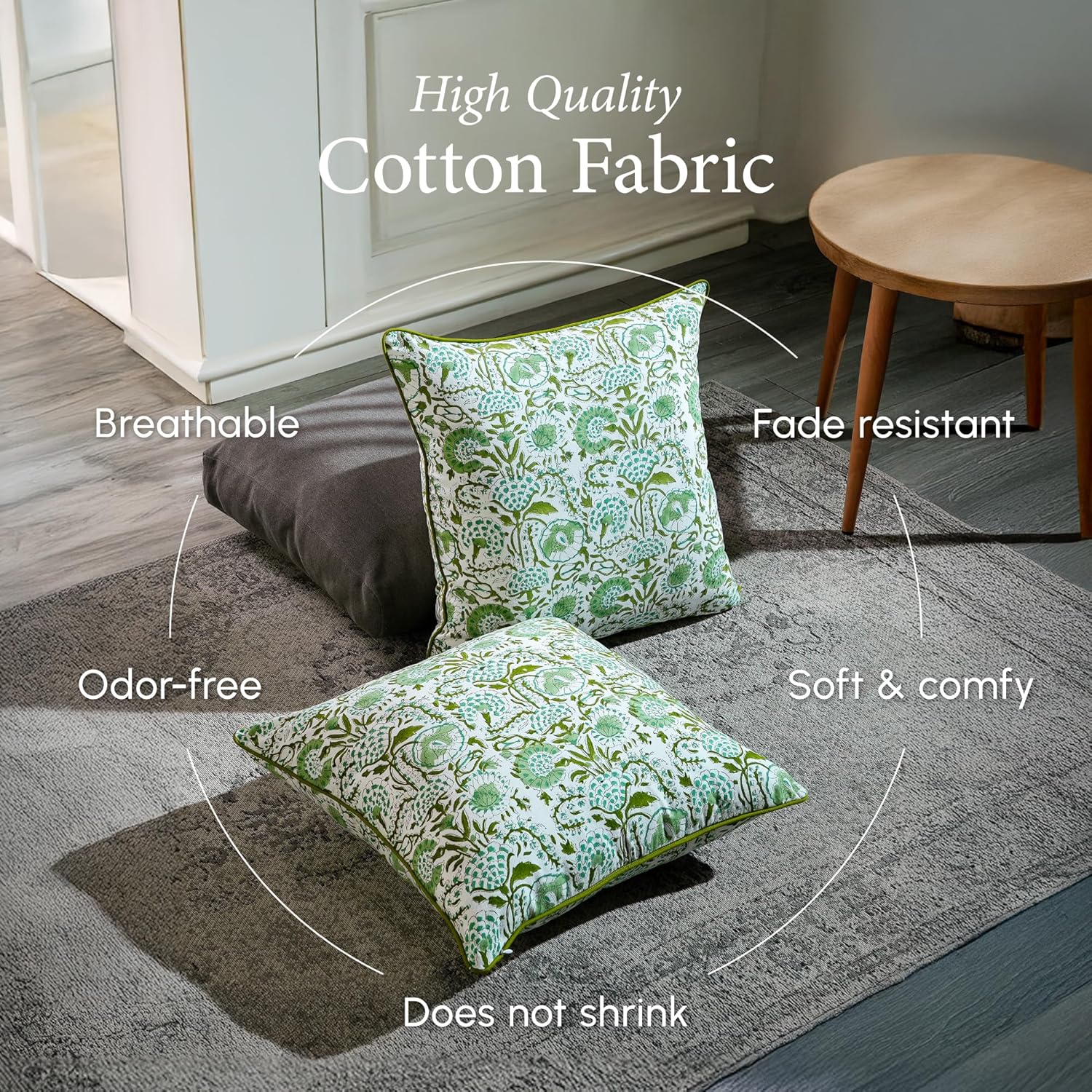 CPC 100% Cotton Throw Pillow Covers 20x20 Inch, Set of 2 Green Block Print Pattern Couch Pillow, Cute Boho Decorative Pillows for Living Room, Bedroom with Hidden Zipper- Agate Green