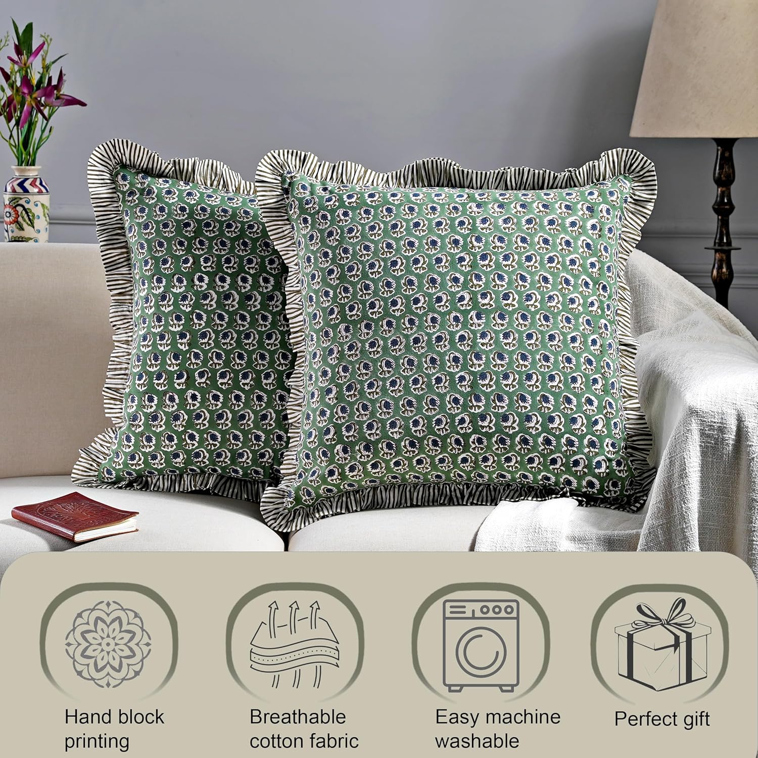 Ridhi Block Print Basil Green Throw Pillow Cover 18" x 18" (Pack of 2) Decorative Cushion Covers with Ruffle for Couch, Sofa, Bed, Living Room, Home Decor Gift for Spring, Easter, Valentine