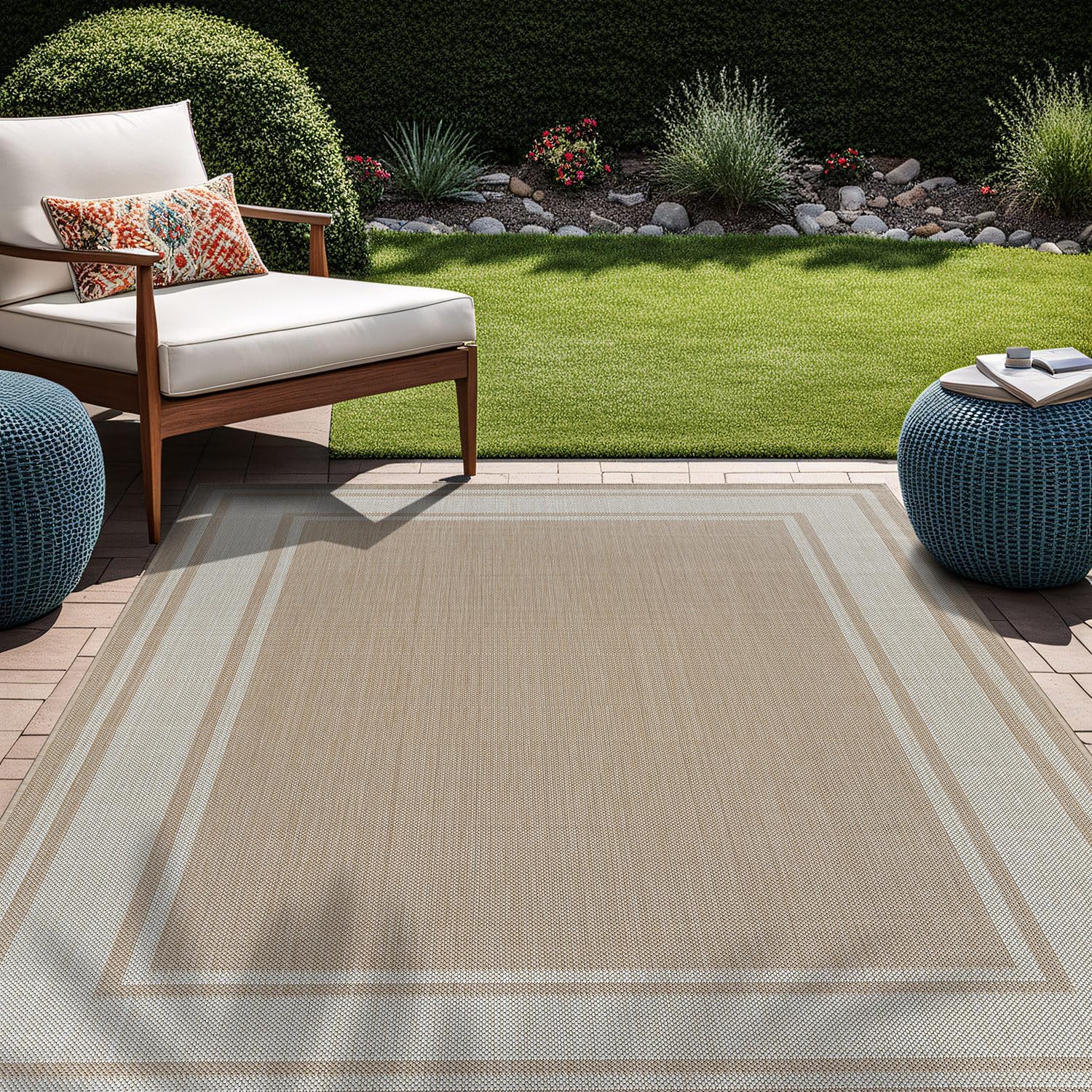 Beverly Rug Outdoor Rug 6x9 Modern Bordered Area Rugs for Indoor and Outdoor Patio Deck Porch Garden Waterproof Weather Sun Resistant Washable Outside Carpet (6 x 9 Navy)