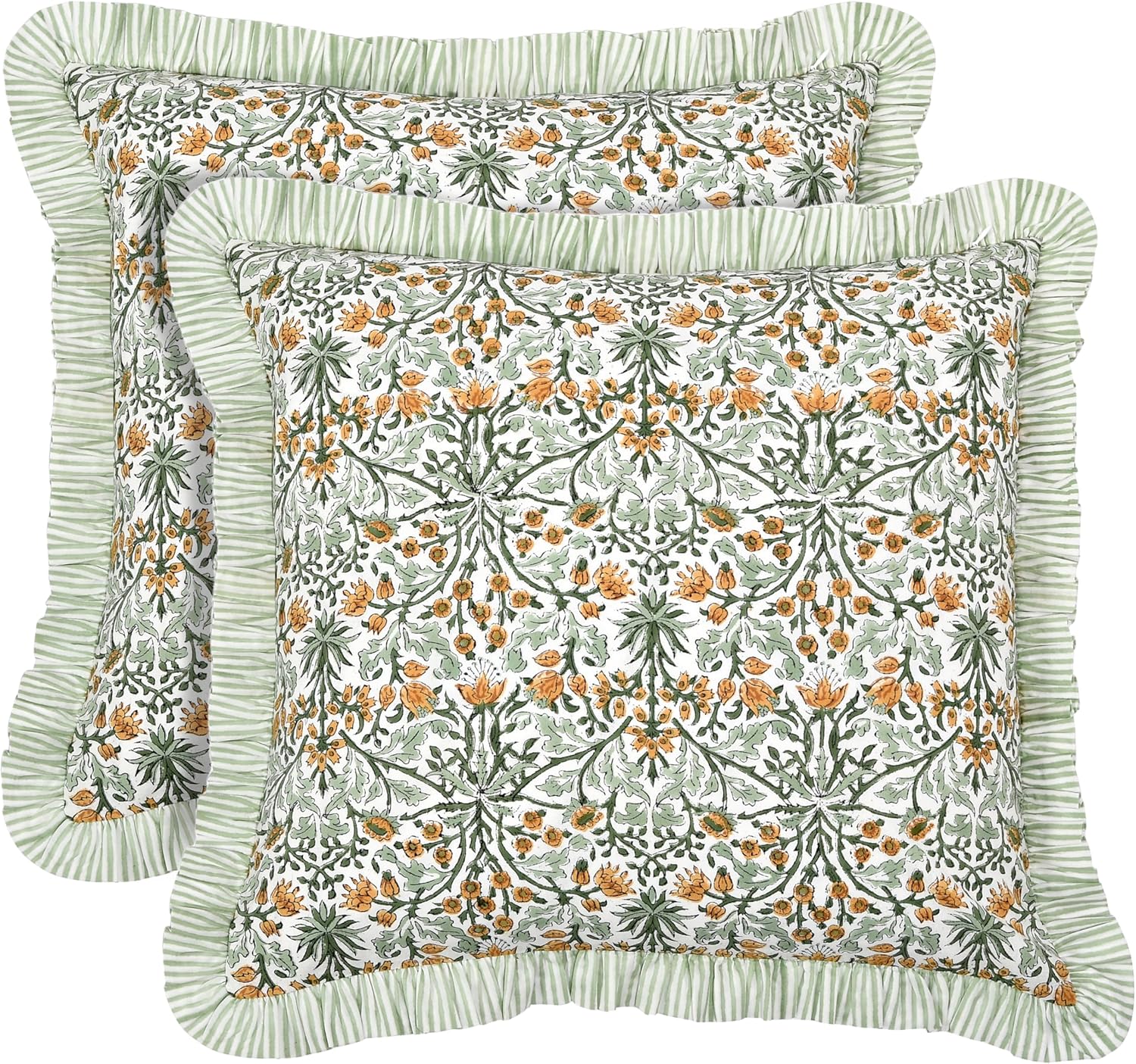 Ridhi Block Print Basil Green Throw Pillow Cover 18" x 18" (Pack of 2) Decorative Cushion Covers with Ruffle for Couch, Sofa, Bed, Living Room, Home Decor Gift for Spring, Easter, Valentine