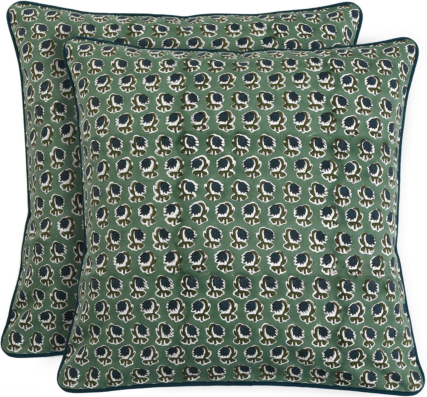 Ridhi Block Print Asparagus Green Pillow Cover 20" x 20" (Pack of 2) Decorative Couch Pillows for Living Room, Chic Boho Cute Outdoor Pillows Covers Gifts for Spring, Easter and Valentine