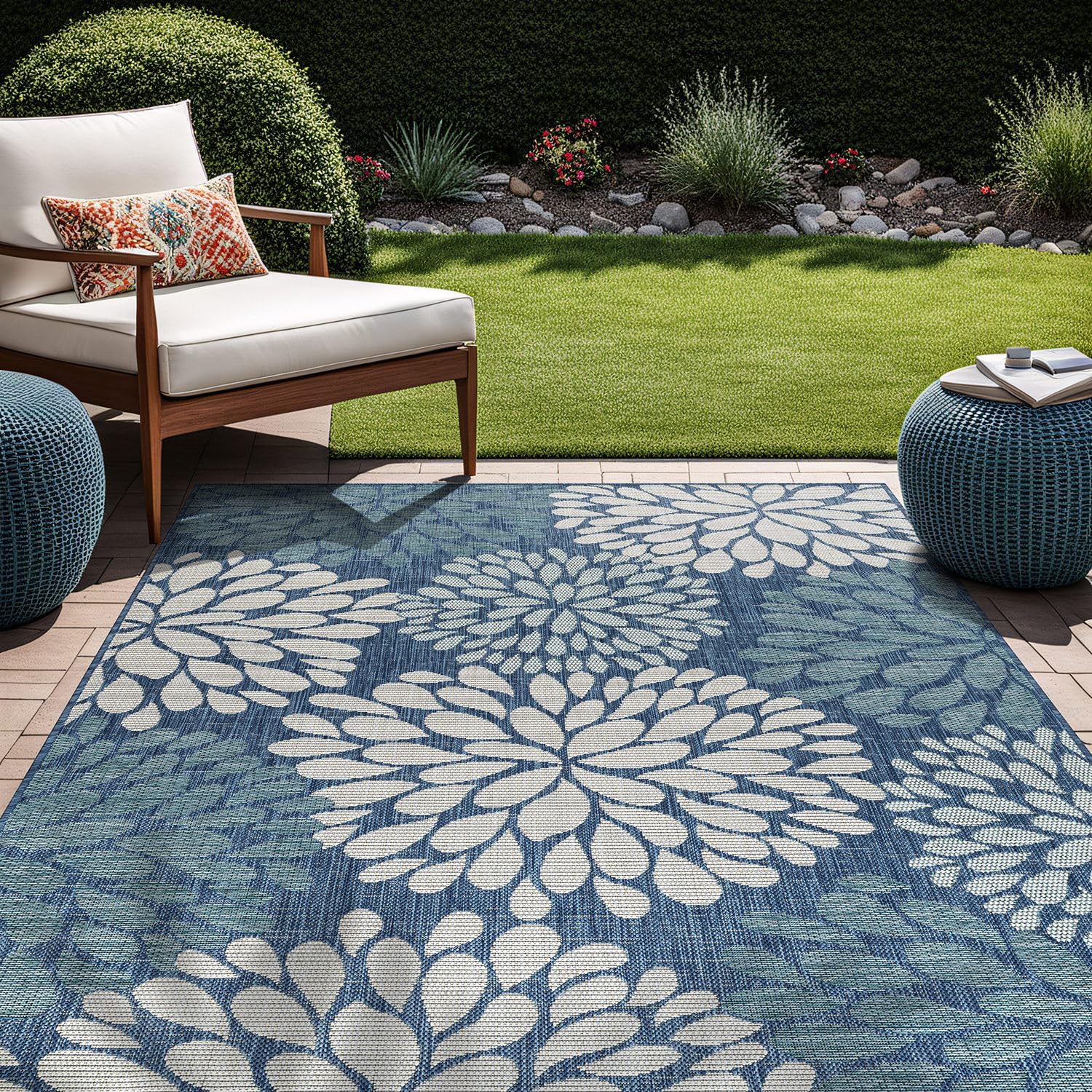 Beverly Rug Outdoor Rug 6x9 Modern Bordered Area Rugs for Indoor and Outdoor Patio Deck Porch Garden Waterproof Weather Sun Resistant Washable Outside Carpet (6 x 9 Navy)
