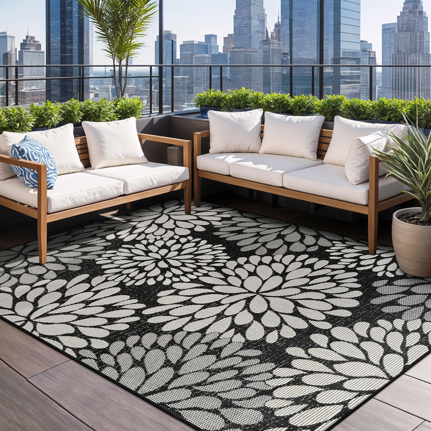 Beverly Rug Outdoor Rug 6x9 Modern Bordered Area Rugs for Indoor and Outdoor Patio Deck Porch Garden Waterproof Weather Sun Resistant Washable Outside Carpet (6 x 9 Navy)