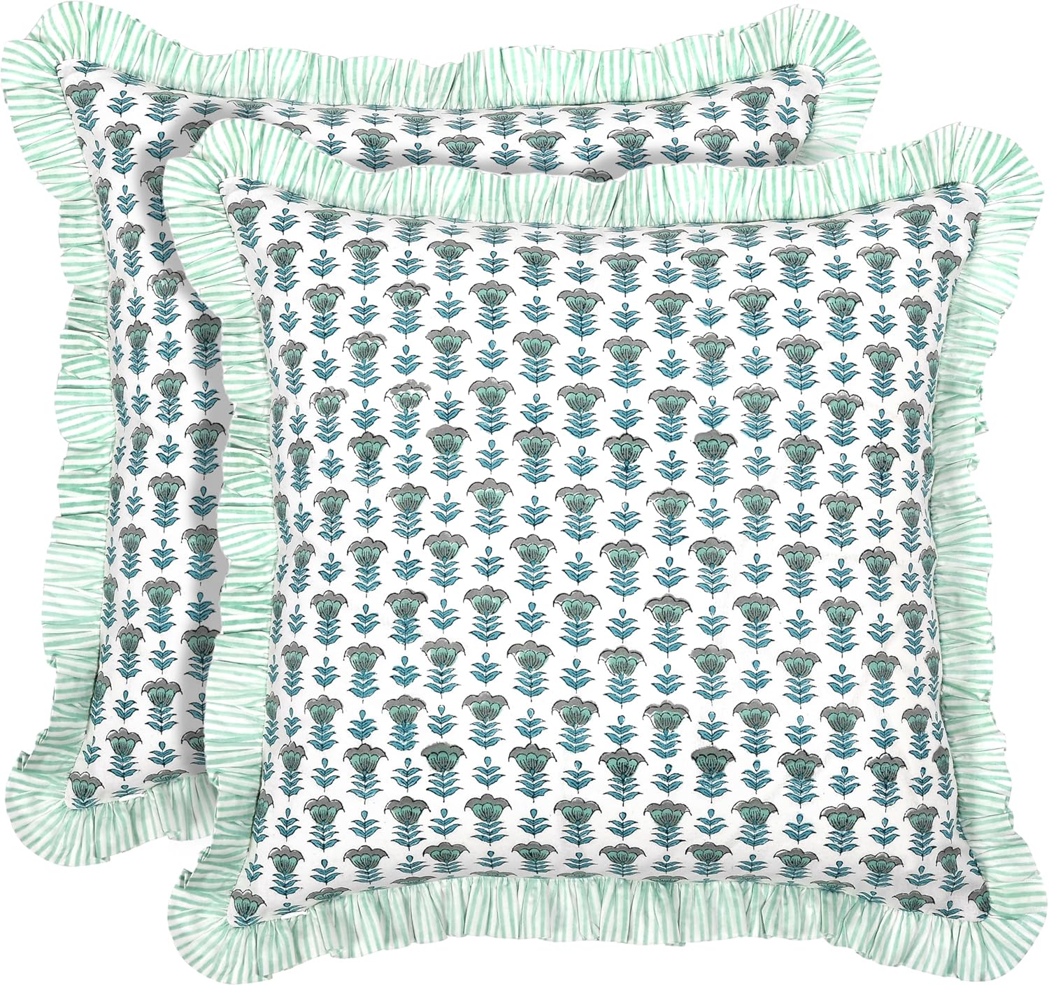 Ridhi Block Print Basil Green Throw Pillow Cover 18" x 18" (Pack of 2) Decorative Cushion Covers with Ruffle for Couch, Sofa, Bed, Living Room, Home Decor Gift for Spring, Easter, Valentine