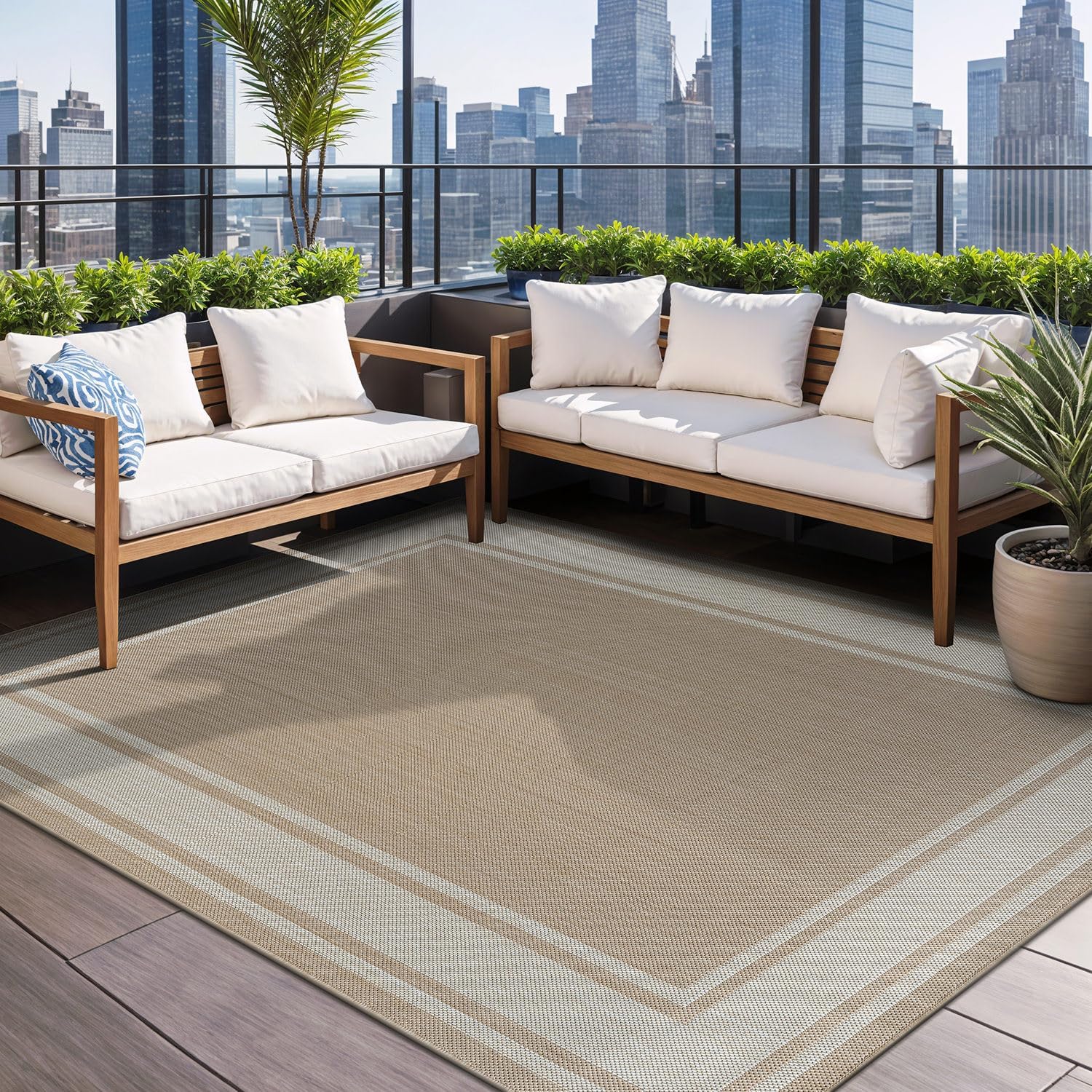 Beverly Rug Outdoor Rug 6x9 Modern Bordered Area Rugs for Indoor and Outdoor Patio Deck Porch Garden Waterproof Weather Sun Resistant Washable Outside Carpet (6 x 9 Navy)