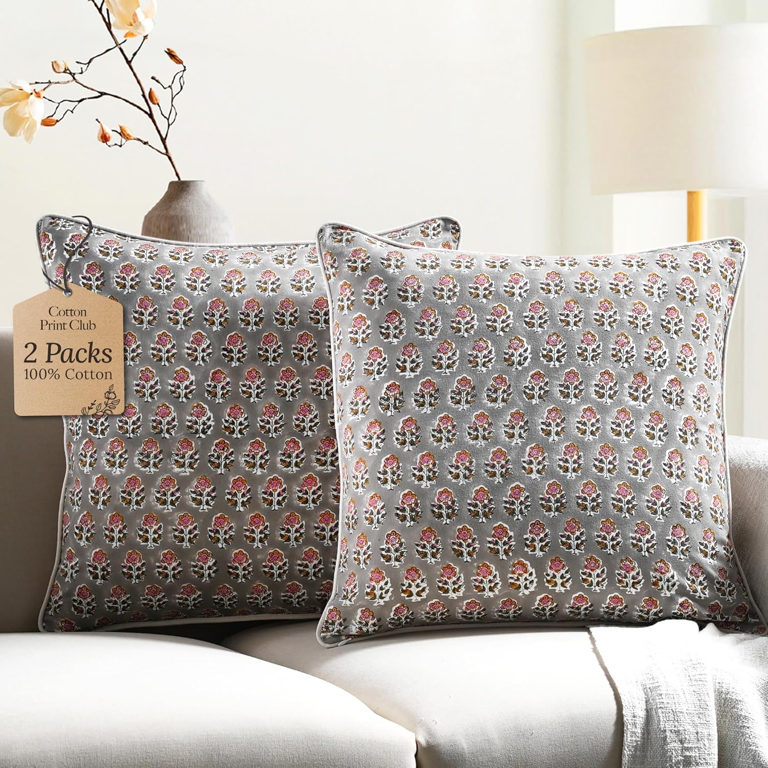 CPC 100% Cotton Throw Pillow Covers 20x20 Inch, Set of 2 Green Block Print Pattern Couch Pillow, Cute Boho Decorative Pillows for Living Room, Bedroom with Hidden Zipper- Agate Green