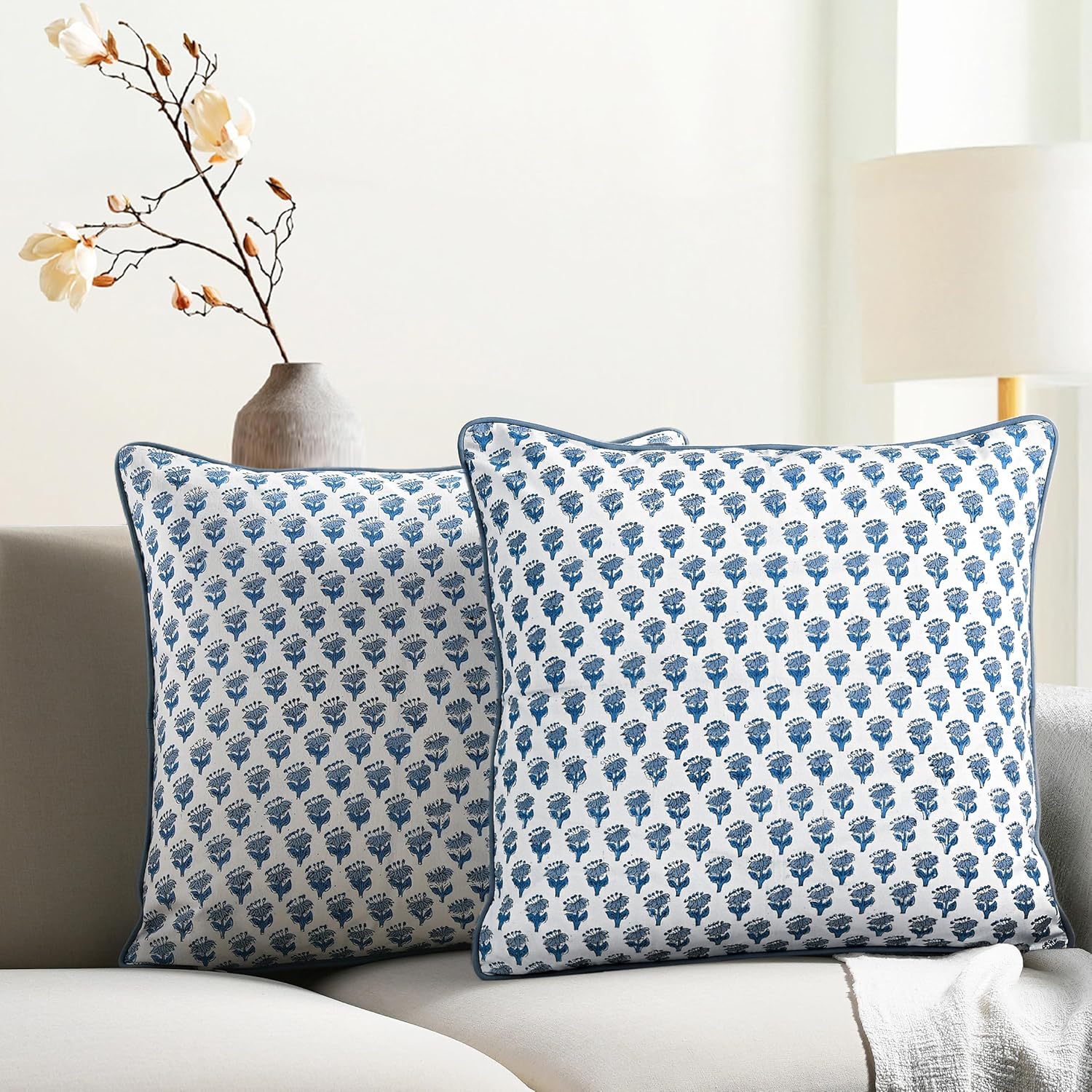 CPC 100% Cotton Throw Pillow Covers 20x20 Inch, Set of 2 Green Block Print Pattern Couch Pillow, Cute Boho Decorative Pillows for Living Room, Bedroom with Hidden Zipper- Agate Green