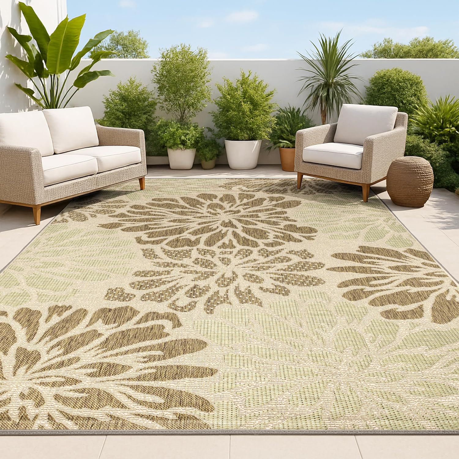JONATHAN Y Floral Textured Weave Indoor Outdoor Area Rug 8X10 Navy/Green, Zinnia Modern for Backyard, Patio, Porch, Easy-Cleaning, High Traffic, Pet-Friendly, Non-Shedding (SMB110B-8)