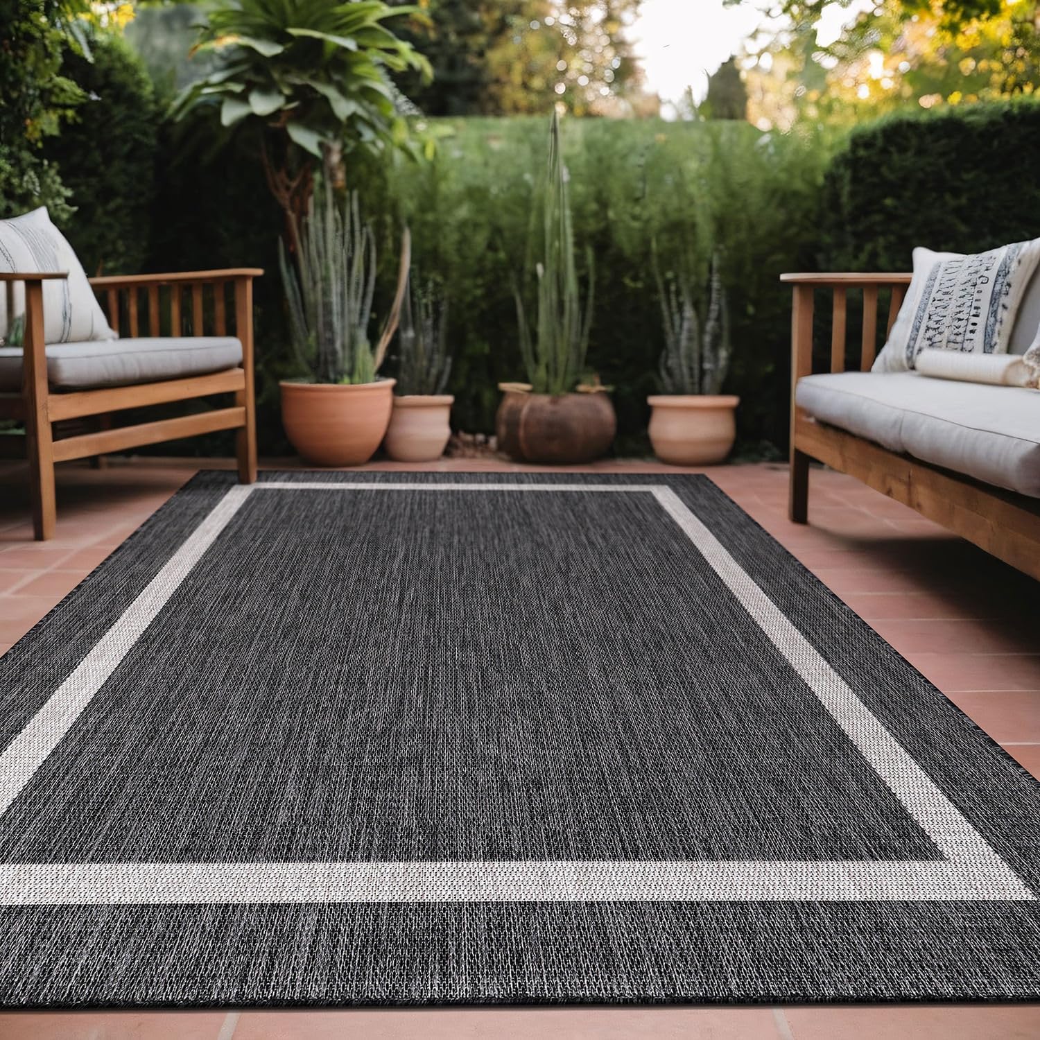 Bordered Outdoor Rug 6x9 Washable Outside Carpet for Indoor Patio Porch Waterproof Easy Cleaning Non Shedding Area Rugs Nut Brown - Black 6 x 9