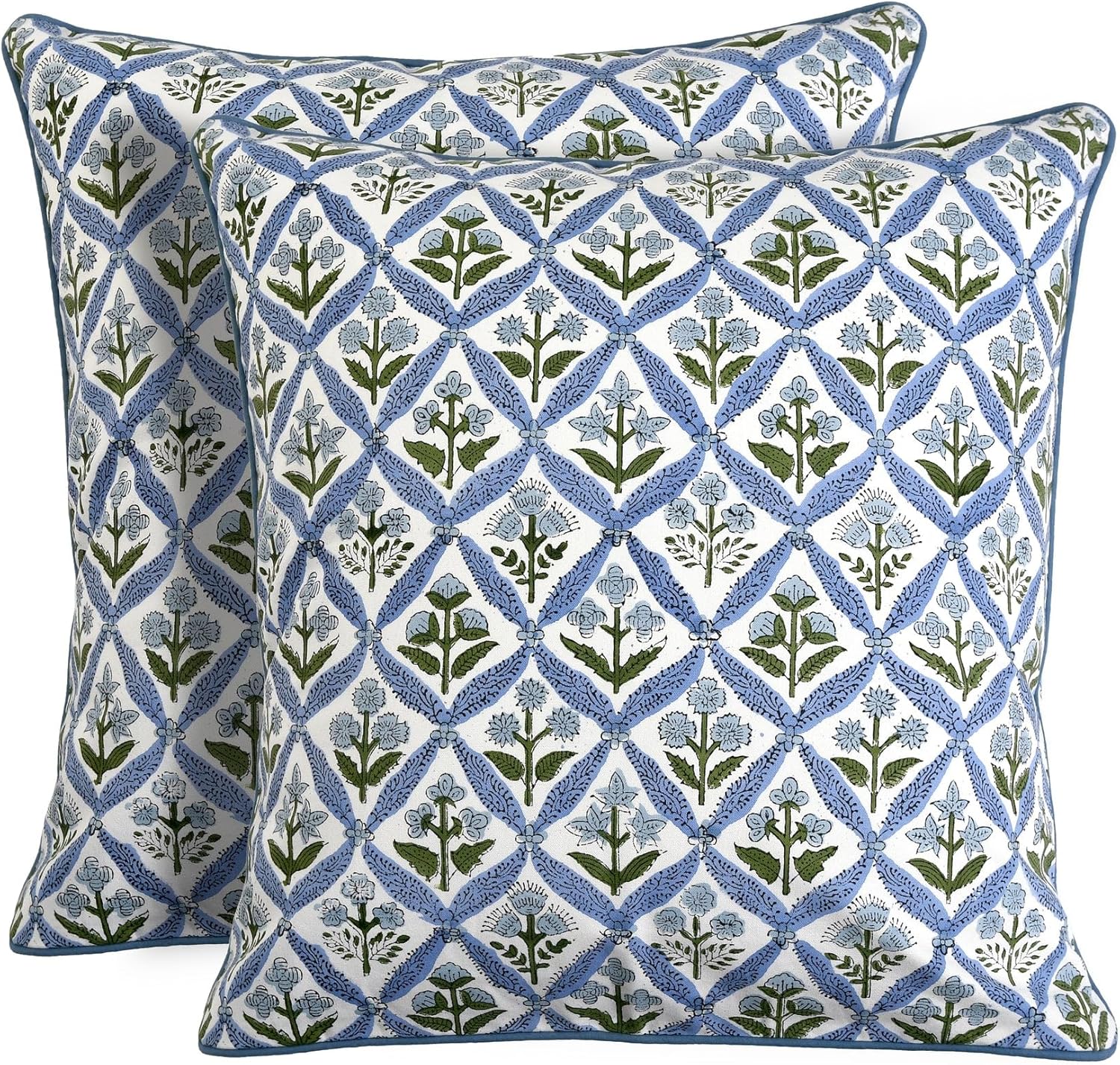 Ridhi Block Print Asparagus Green Pillow Cover 20" x 20" (Pack of 2) Decorative Couch Pillows for Living Room, Chic Boho Cute Outdoor Pillows Covers Gifts for Spring, Easter and Valentine