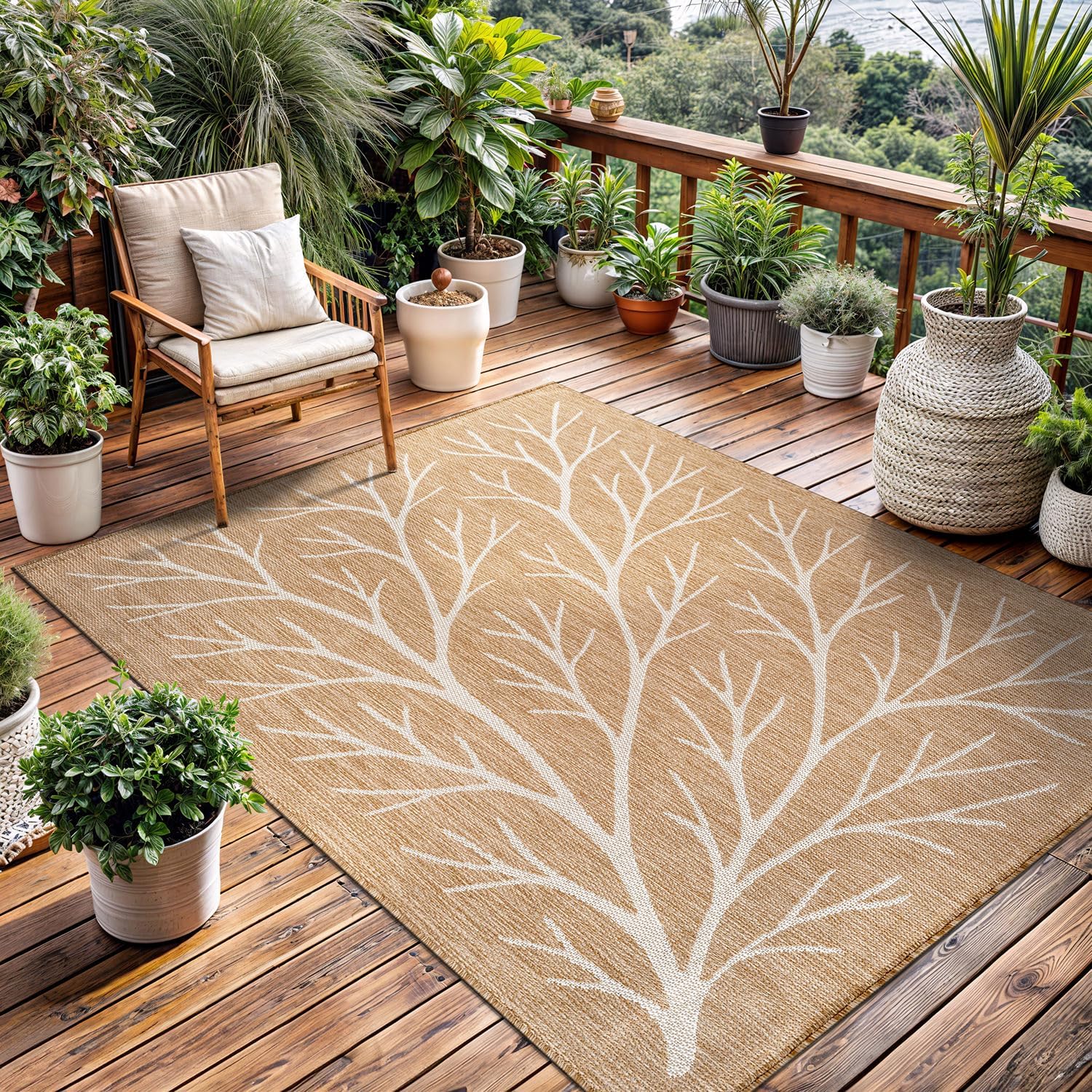 Washable Indoor Outdoor Rug 8x10 Weather Resistant Area Rugs Modern Solid Jute Rug for Porch Deck Balcony Backyard Patio Outside Carpet (8 X 10 Jute Beige)