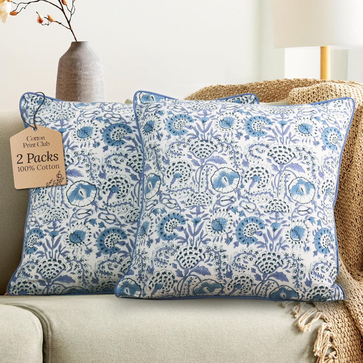 CPC 100% Cotton Throw Pillow Covers 20x20 Inch, Set of 2 Green Block Print Pattern Couch Pillow, Cute Boho Decorative Pillows for Living Room, Bedroom with Hidden Zipper- Agate Green