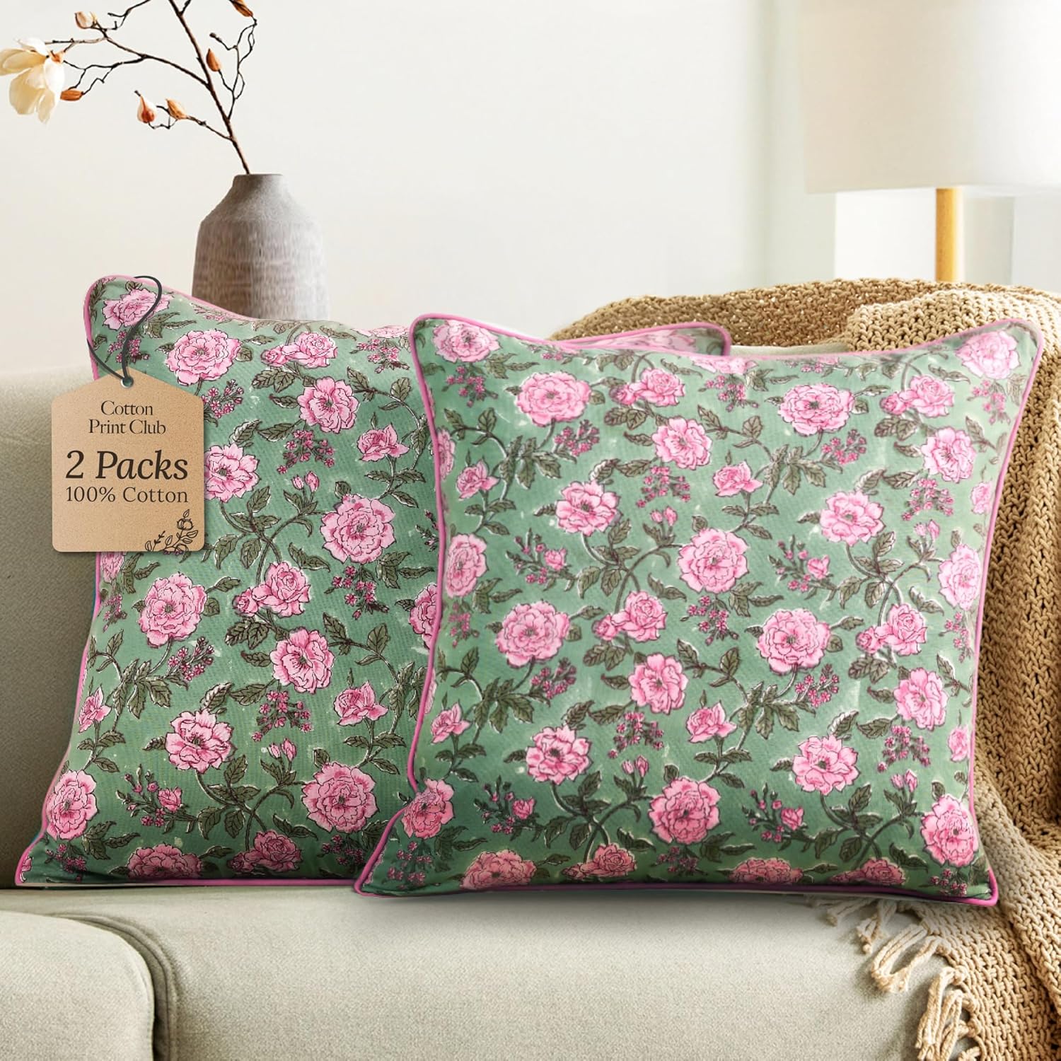 CPC 100% Cotton Throw Pillow Covers 20x20 Inch, Set of 2 Green Block Print Pattern Couch Pillow, Cute Boho Decorative Pillows for Living Room, Bedroom with Hidden Zipper- Agate Green