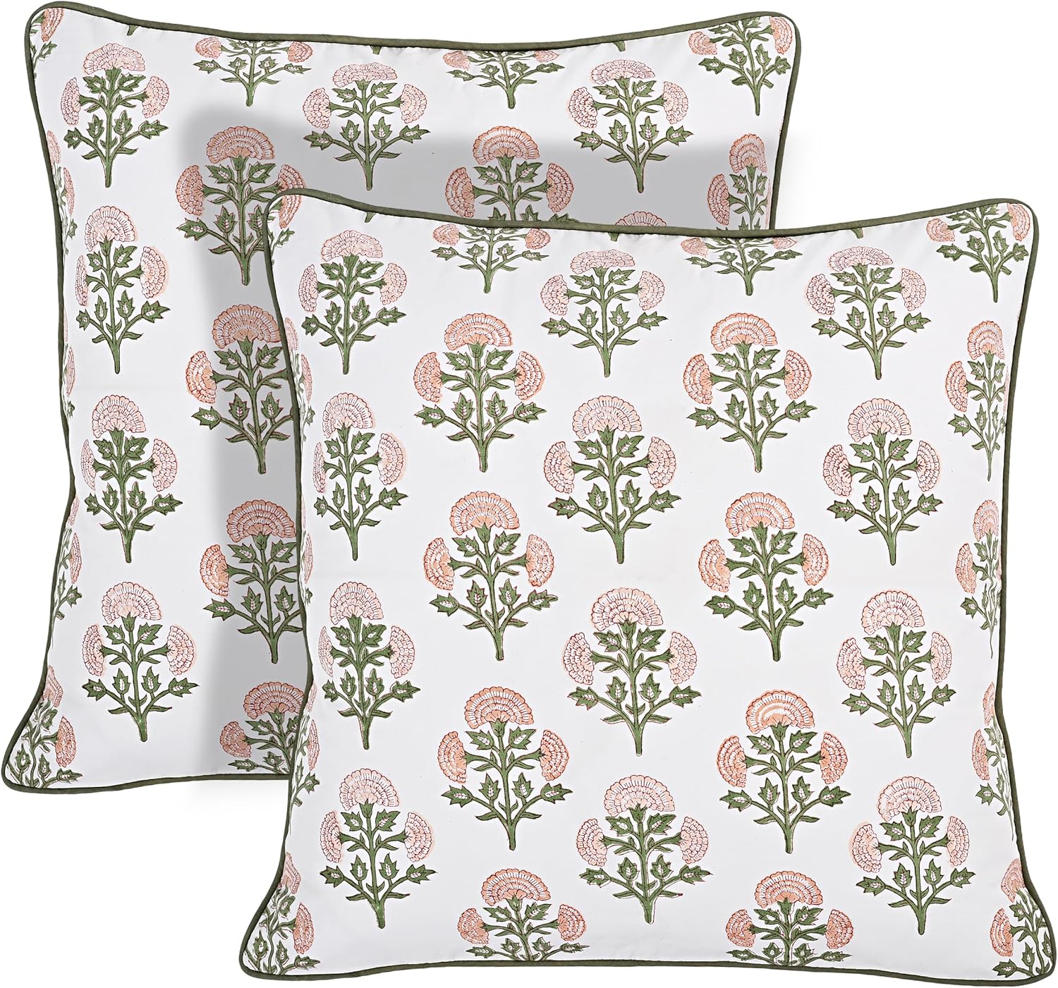 Ridhi Block Print Asparagus Green Pillow Cover 20" x 20" (Pack of 2) Decorative Couch Pillows for Living Room, Chic Boho Cute Outdoor Pillows Covers Gifts for Spring, Easter and Valentine