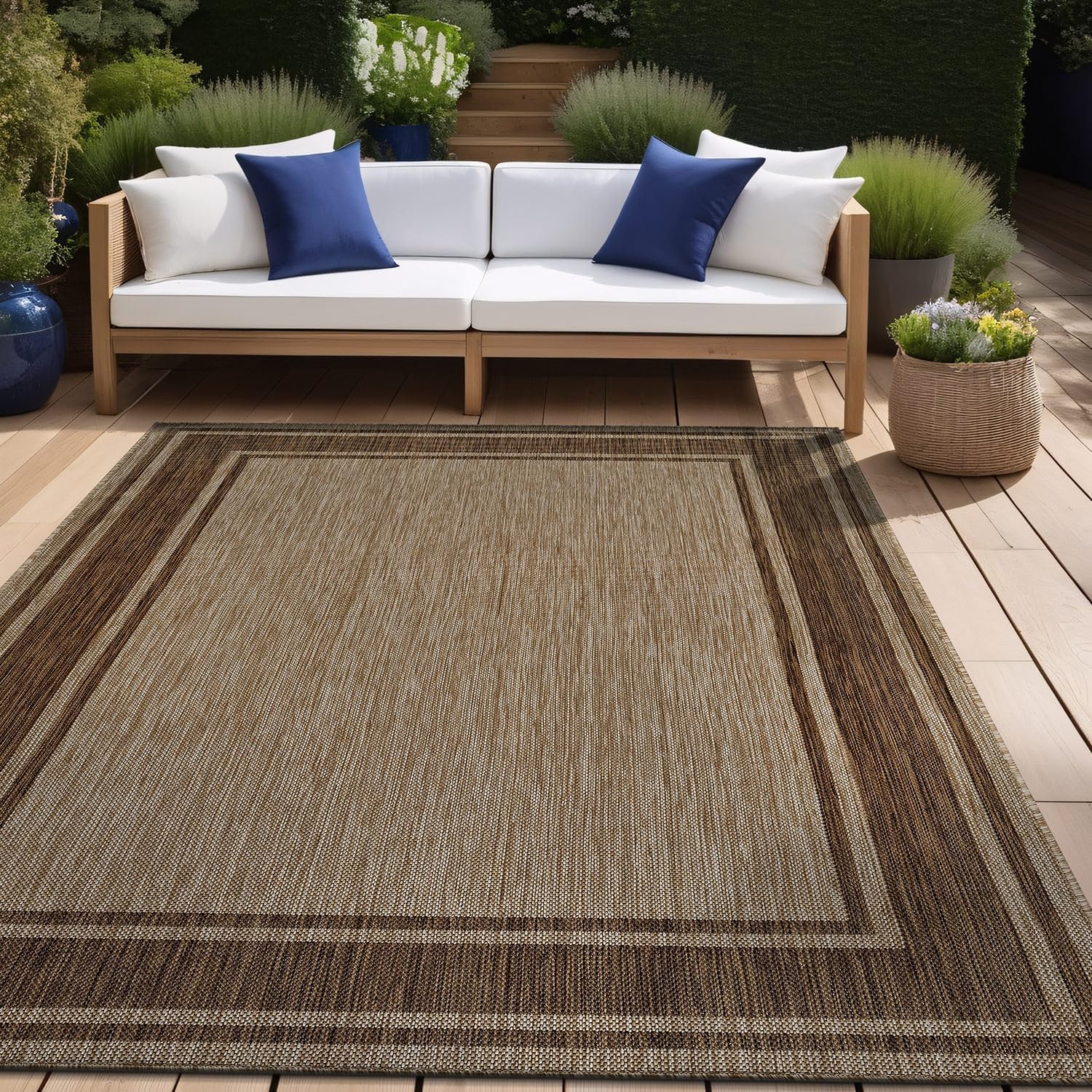 Beverly Rug Outdoor Rug 6x9 Modern Bordered Area Rugs for Indoor and Outdoor Patio Deck Porch Garden Waterproof Weather Sun Resistant Washable Outside Carpet (6 x 9 Navy)