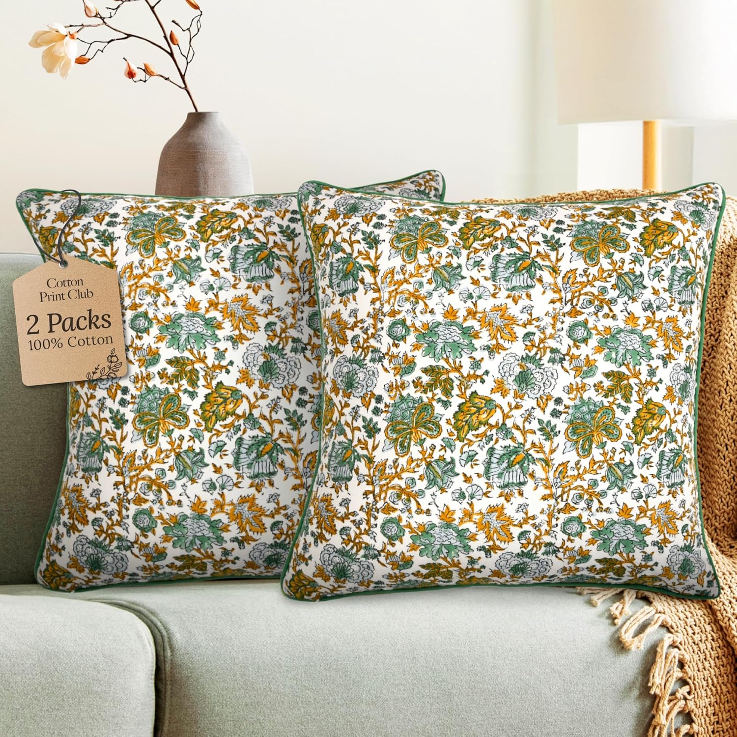 CPC 100% Cotton Throw Pillow Covers 20x20 Inch, Set of 2 Green Block Print Pattern Couch Pillow, Cute Boho Decorative Pillows for Living Room, Bedroom with Hidden Zipper- Agate Green