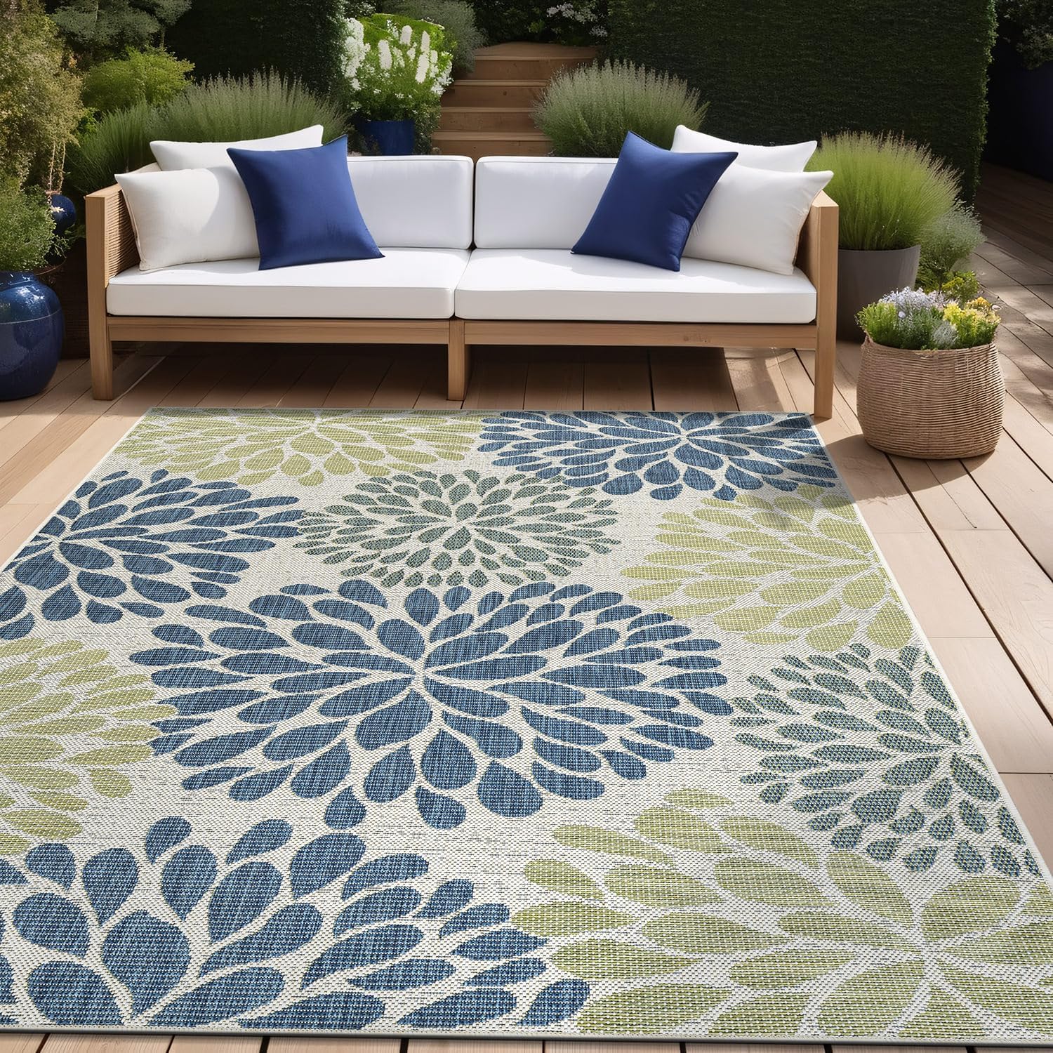 Beverly Rug Outdoor Rug 6x9 Modern Bordered Area Rugs for Indoor and Outdoor Patio Deck Porch Garden Waterproof Weather Sun Resistant Washable Outside Carpet (6 x 9 Navy)
