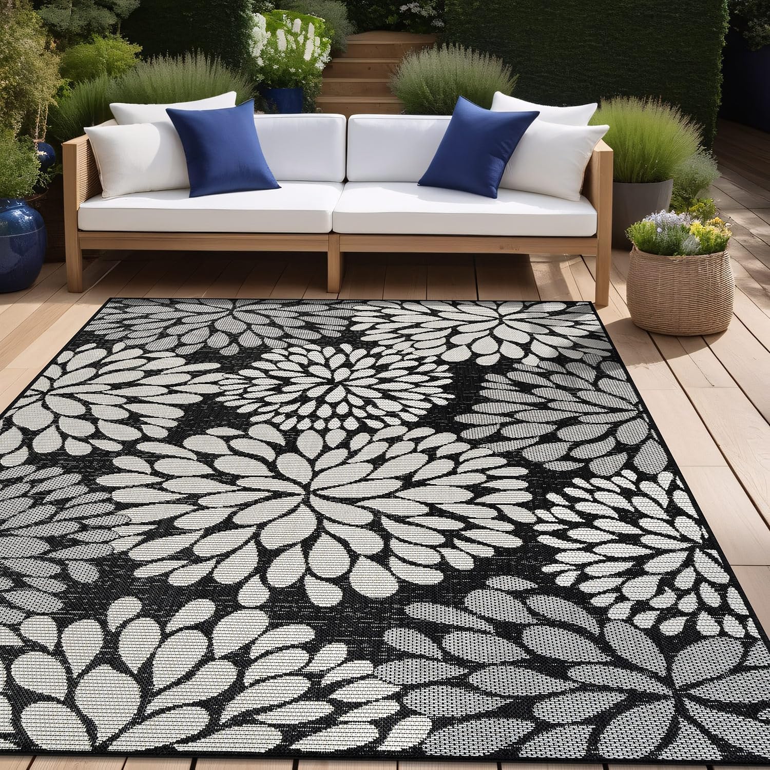 Beverly Rug Outdoor Rug 6x9 Modern Bordered Area Rugs for Indoor and Outdoor Patio Deck Porch Garden Waterproof Weather Sun Resistant Washable Outside Carpet (6 x 9 Navy)