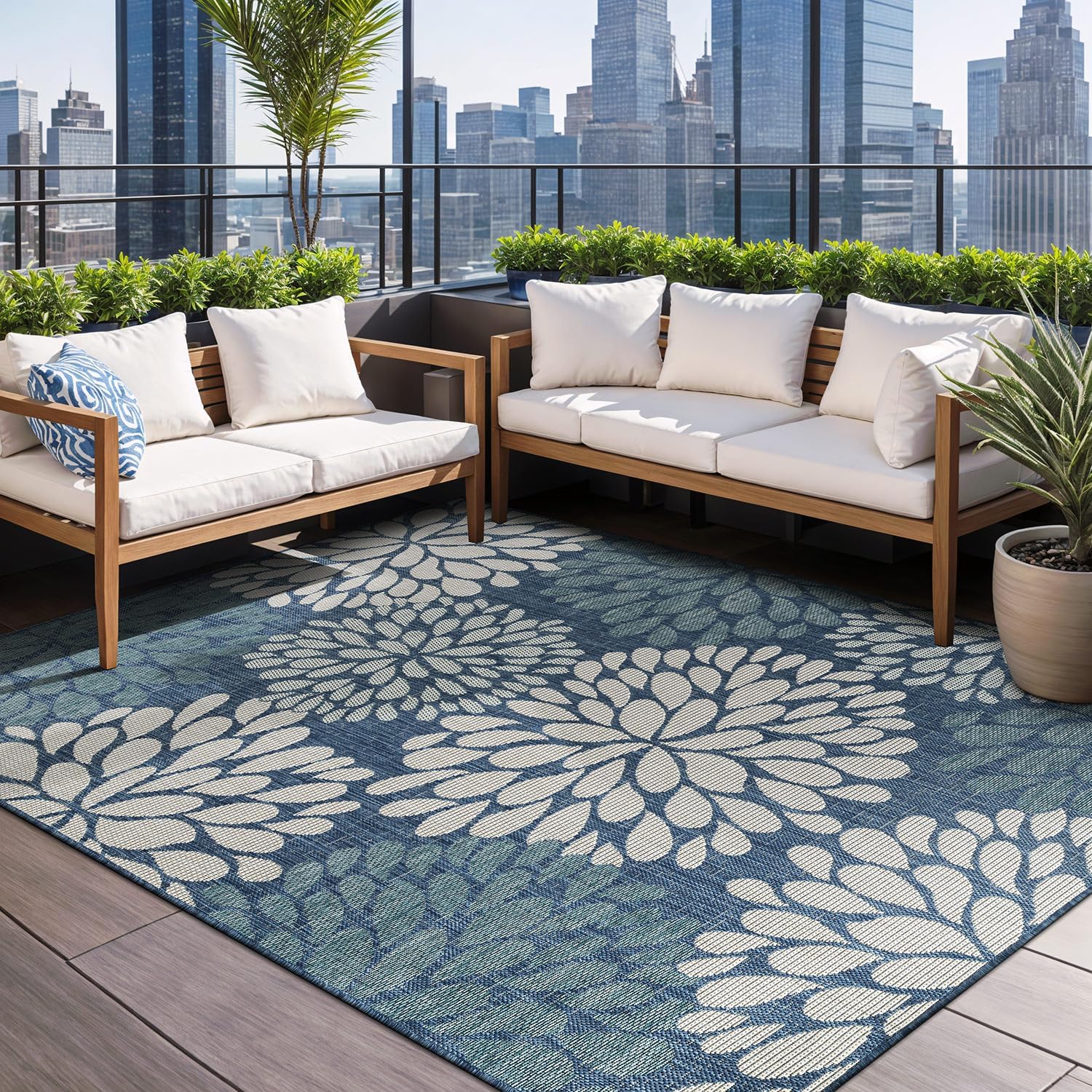 Beverly Rug Outdoor Rug 6x9 Modern Bordered Area Rugs for Indoor and Outdoor Patio Deck Porch Garden Waterproof Weather Sun Resistant Washable Outside Carpet (6 x 9 Navy)