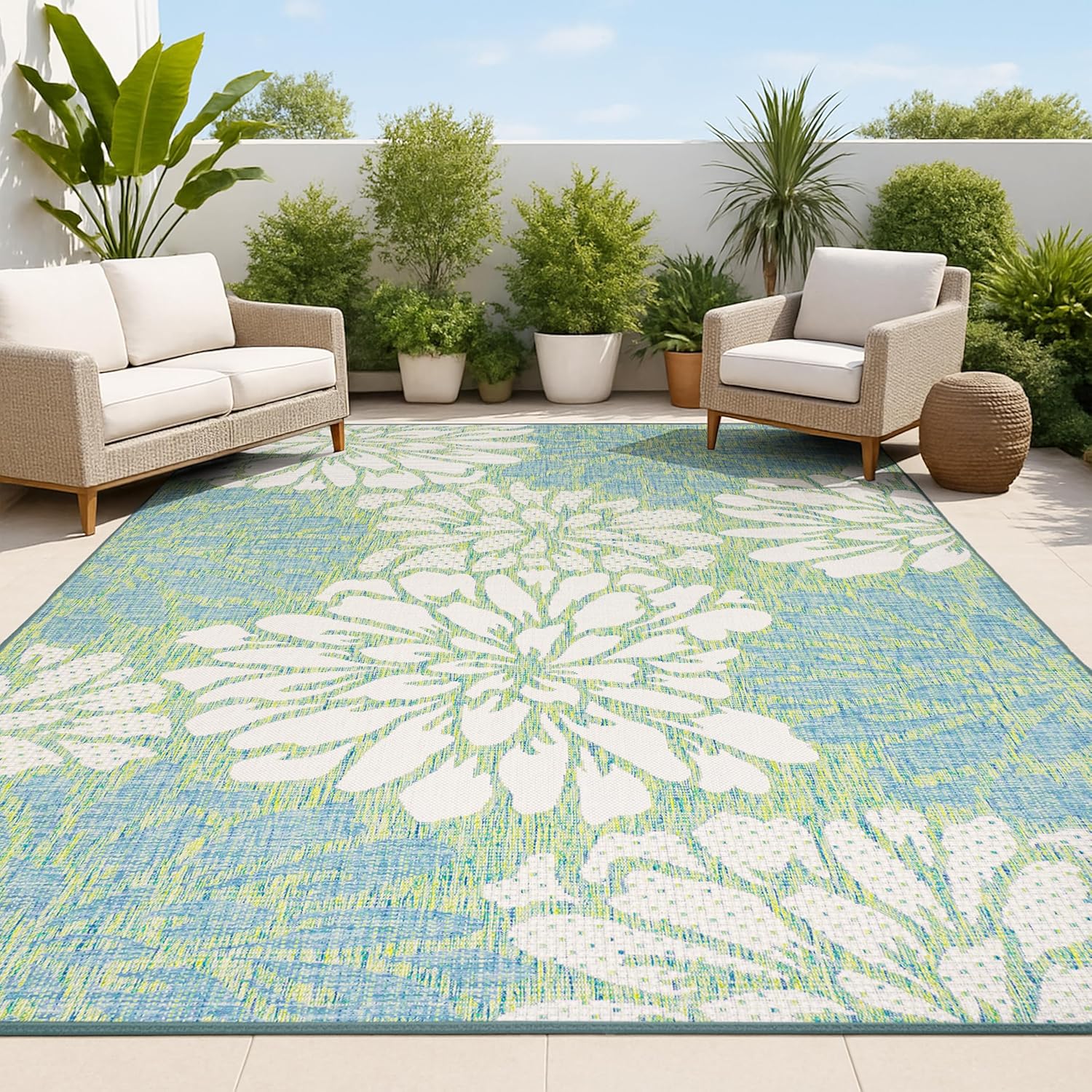 JONATHAN Y Floral Textured Weave Indoor Outdoor Area Rug 8X10 Navy/Green, Zinnia Modern for Backyard, Patio, Porch, Easy-Cleaning, High Traffic, Pet-Friendly, Non-Shedding (SMB110B-8)