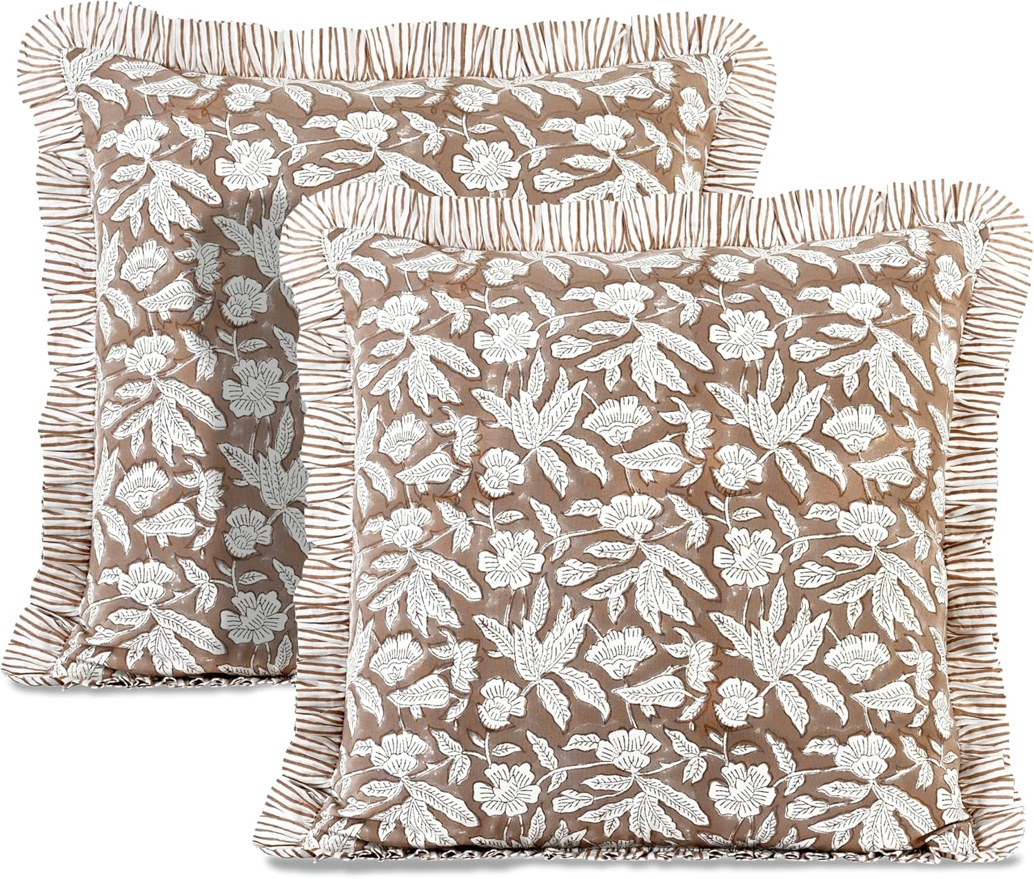 Ridhi Block Print Basil Green Throw Pillow Cover 18" x 18" (Pack of 2) Decorative Cushion Covers with Ruffle for Couch, Sofa, Bed, Living Room, Home Decor Gift for Spring, Easter, Valentine