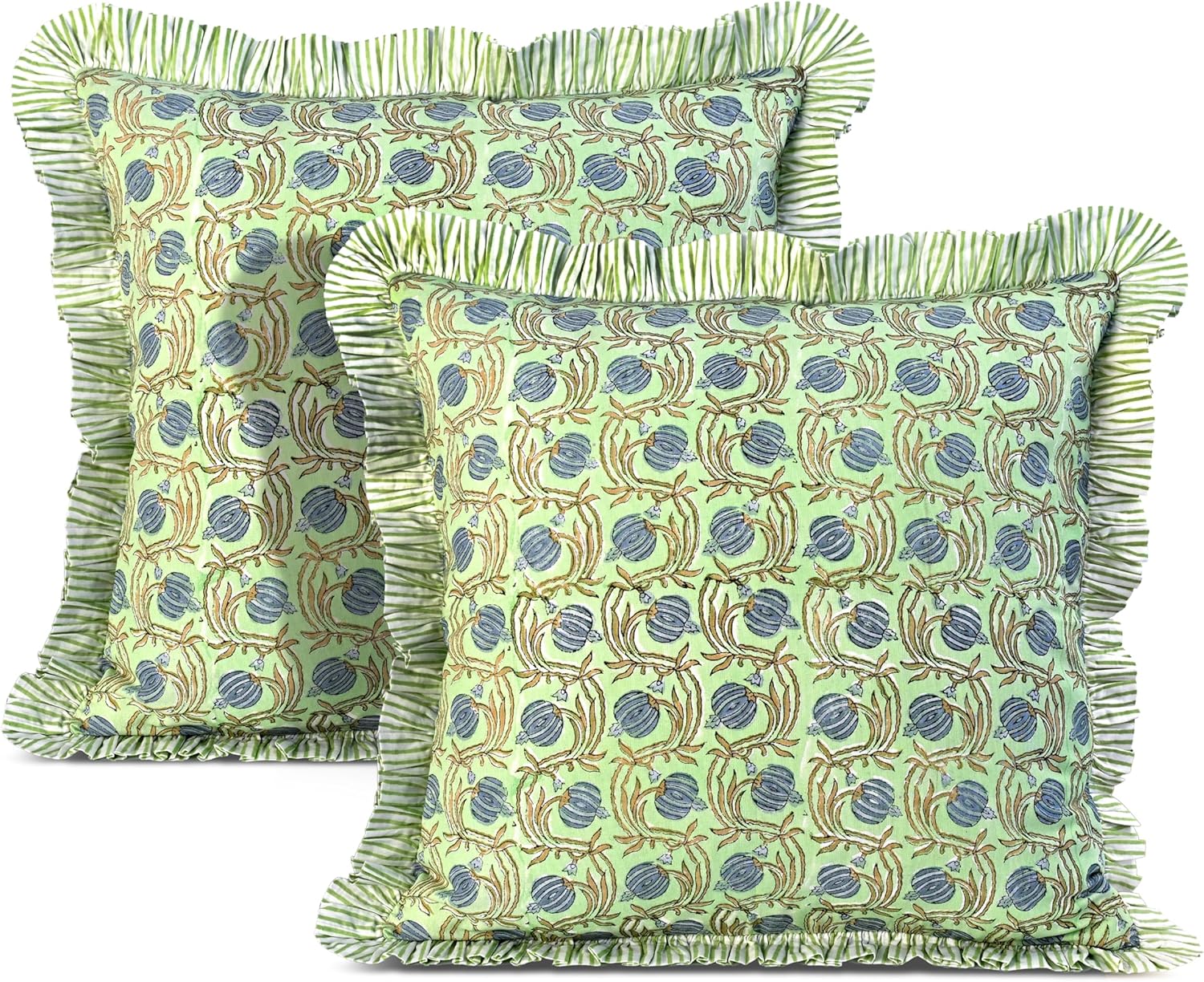 Ridhi Block Print Basil Green Throw Pillow Cover 18" x 18" (Pack of 2) Decorative Cushion Covers with Ruffle for Couch, Sofa, Bed, Living Room, Home Decor Gift for Spring, Easter, Valentine