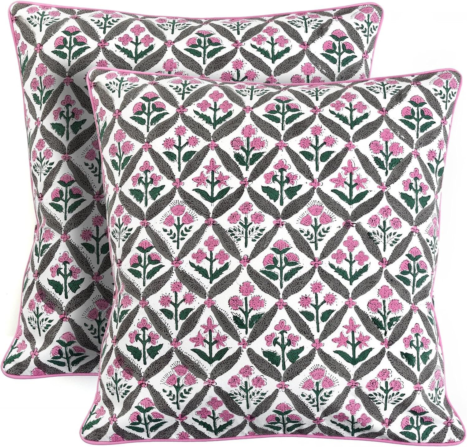 Ridhi Block Print Asparagus Green Pillow Cover 20" x 20" (Pack of 2) Decorative Couch Pillows for Living Room, Chic Boho Cute Outdoor Pillows Covers Gifts for Spring, Easter and Valentine
