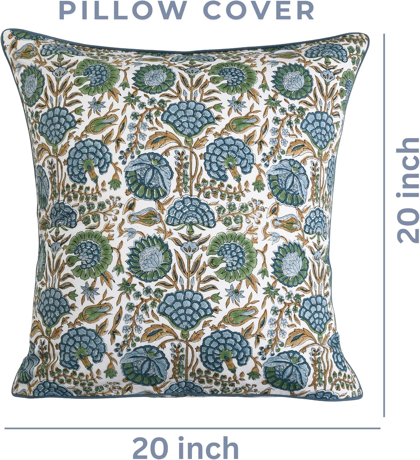 Ridhi Block Print Asparagus Green Pillow Cover 20" x 20" (Pack of 2) Decorative Couch Pillows for Living Room, Chic Boho Cute Outdoor Pillows Covers Gifts for Spring, Easter and Valentine