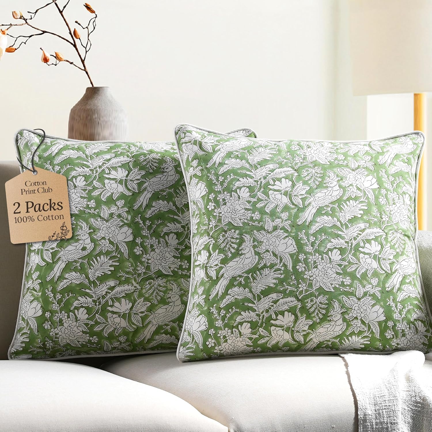 CPC 100% Cotton Throw Pillow Covers 20x20 Inch, Set of 2 Green Block Print Pattern Couch Pillow, Cute Boho Decorative Pillows for Living Room, Bedroom with Hidden Zipper- Agate Green