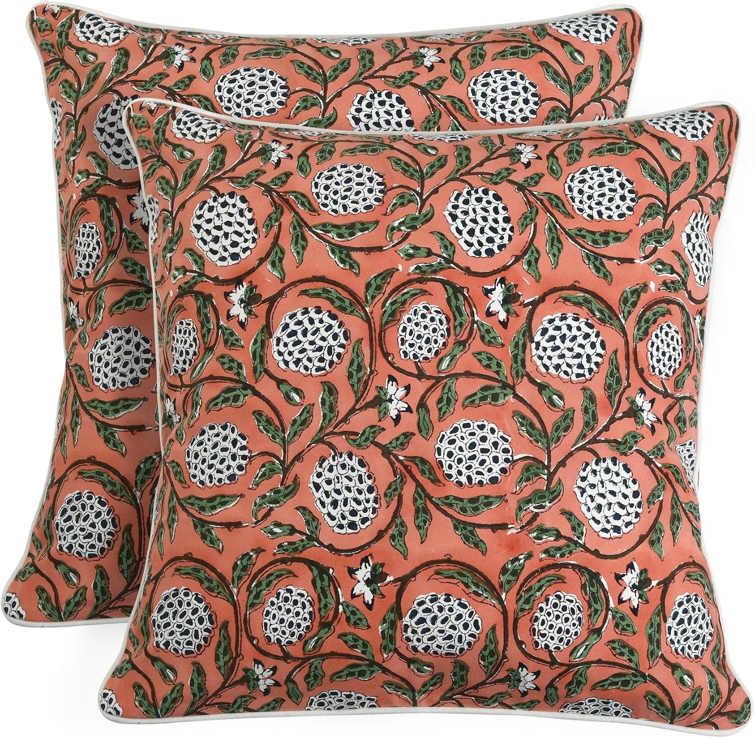 Ridhi Block Print Asparagus Green Pillow Cover 20" x 20" (Pack of 2) Decorative Couch Pillows for Living Room, Chic Boho Cute Outdoor Pillows Covers Gifts for Spring, Easter and Valentine