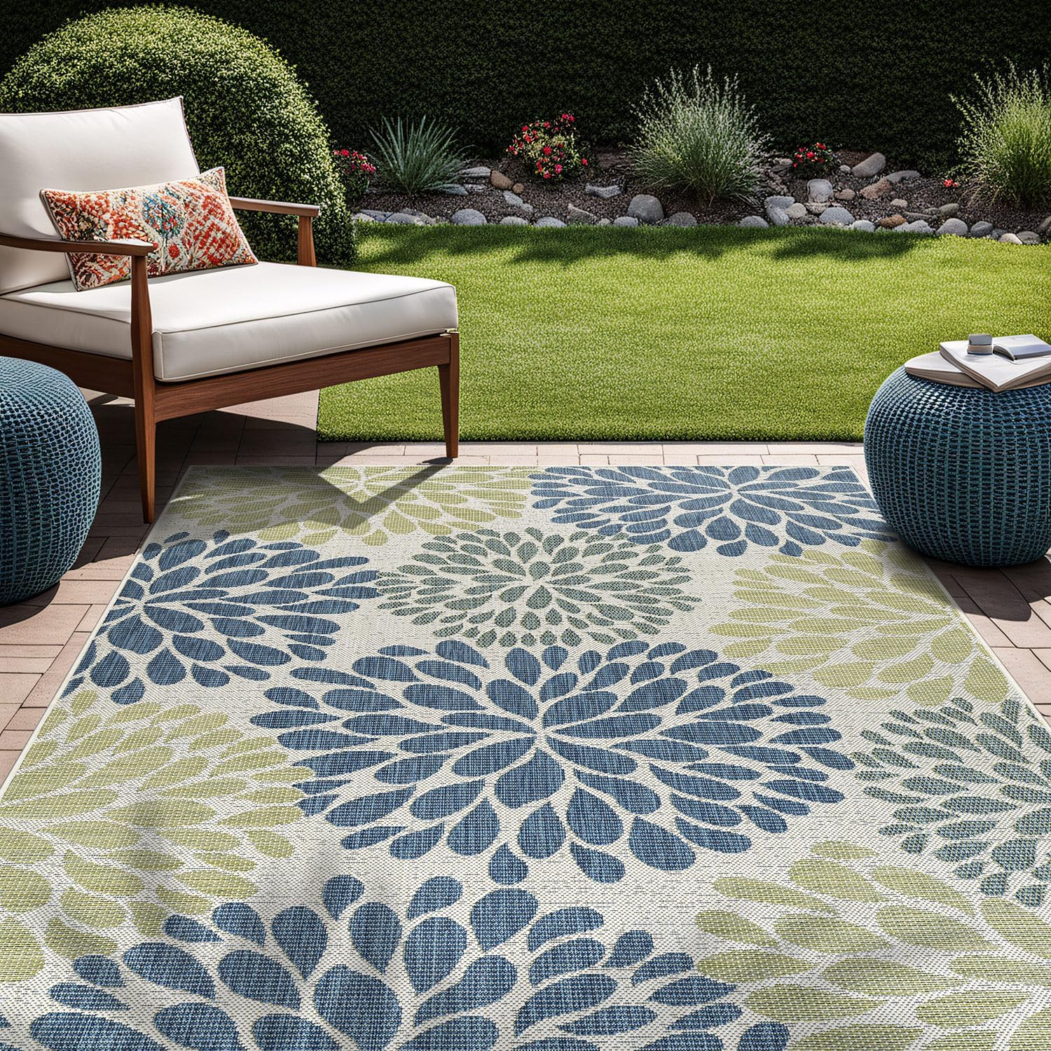 Beverly Rug Outdoor Rug 6x9 Modern Bordered Area Rugs for Indoor and Outdoor Patio Deck Porch Garden Waterproof Weather Sun Resistant Washable Outside Carpet (6 x 9 Navy)