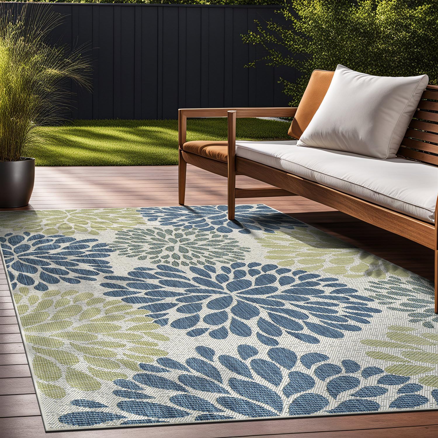 Beverly Rug Outdoor Rug 6x9 Modern Bordered Area Rugs for Indoor and Outdoor Patio Deck Porch Garden Waterproof Weather Sun Resistant Washable Outside Carpet (6 x 9 Navy)