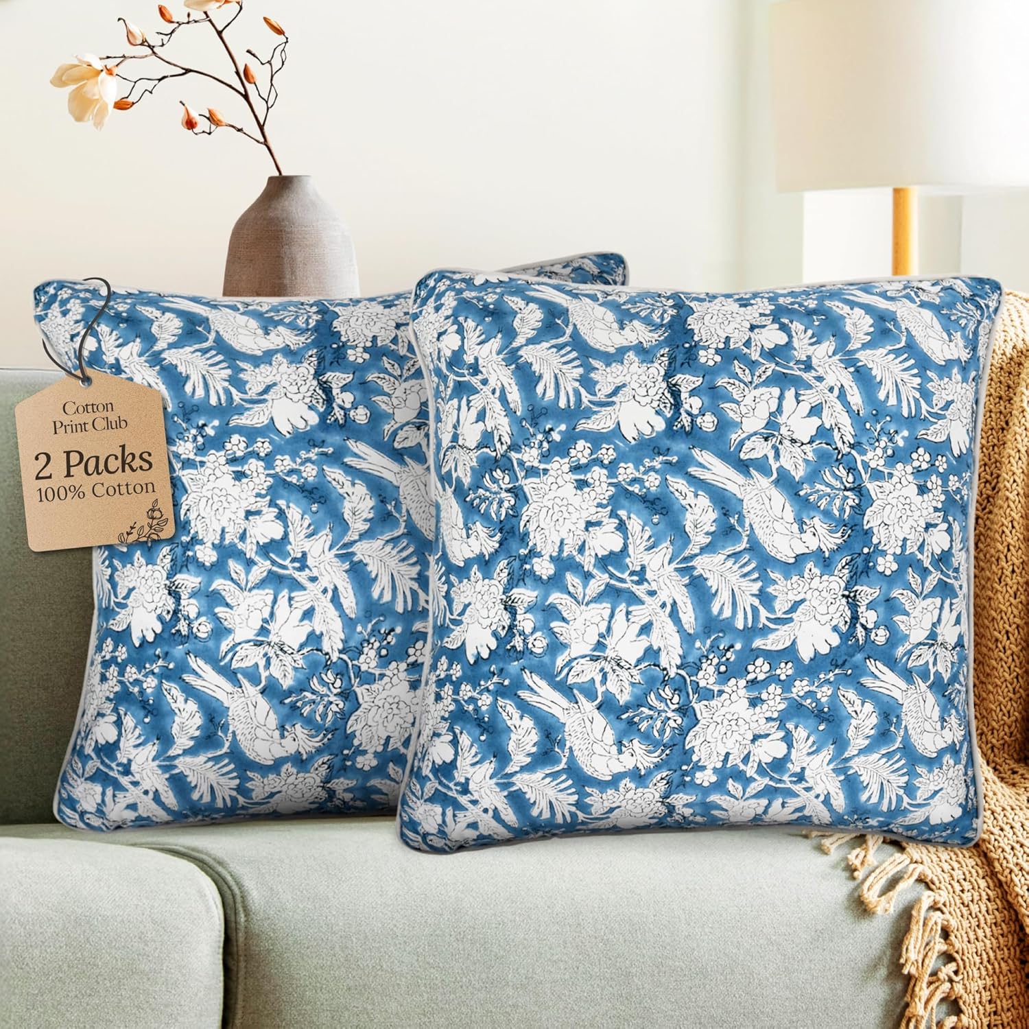 CPC 100% Cotton Throw Pillow Covers 20x20 Inch, Set of 2 Green Block Print Pattern Couch Pillow, Cute Boho Decorative Pillows for Living Room, Bedroom with Hidden Zipper- Agate Green