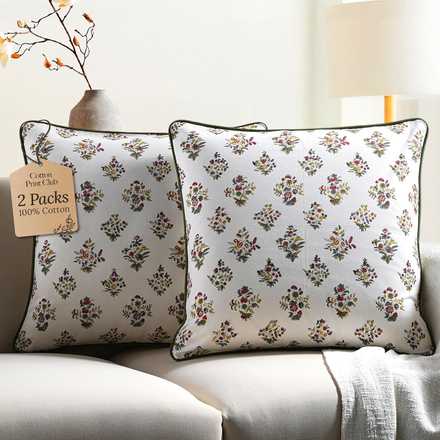 CPC 100% Cotton Throw Pillow Covers 20x20 Inch, Set of 2 Green Block Print Pattern Couch Pillow, Cute Boho Decorative Pillows for Living Room, Bedroom with Hidden Zipper- Agate Green