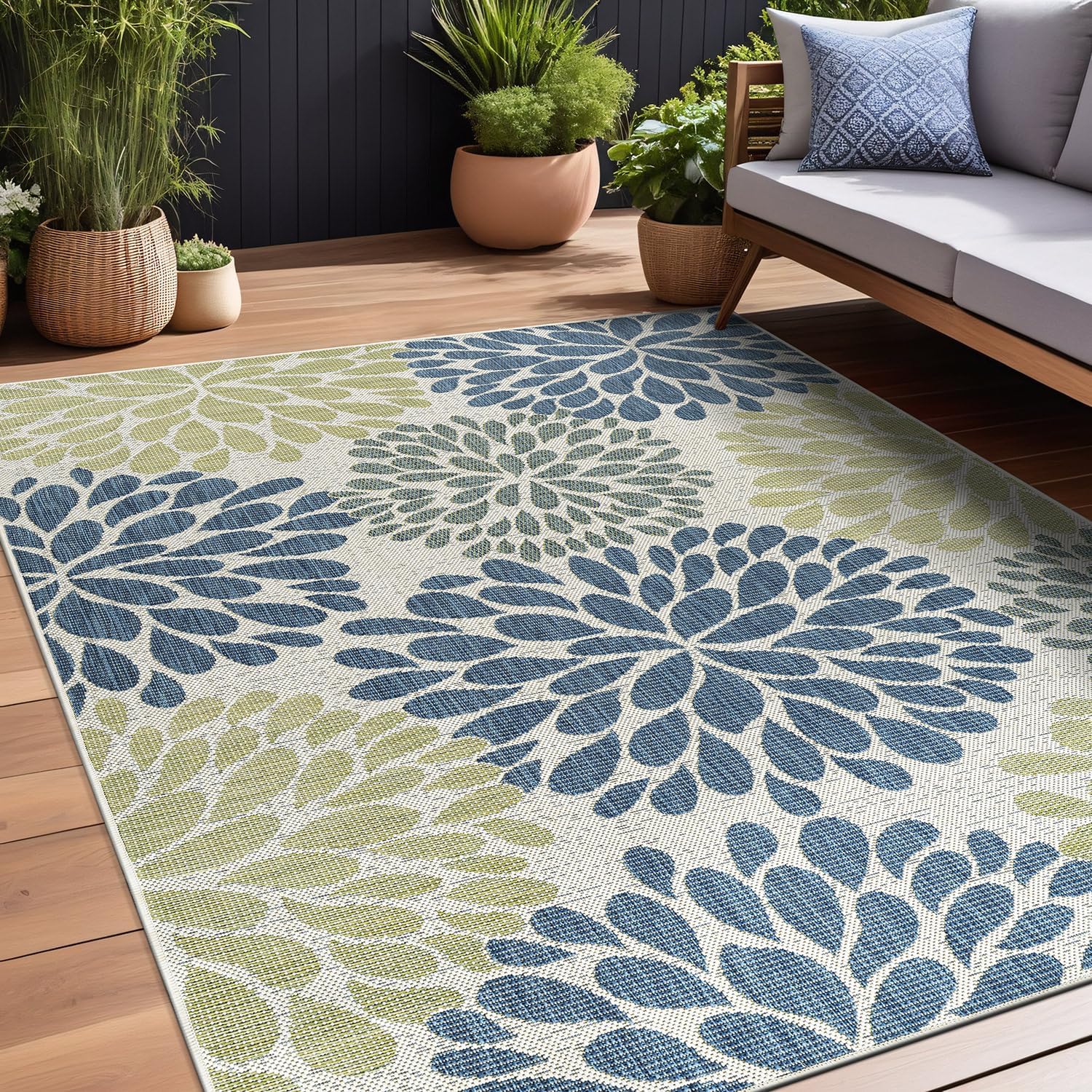 Beverly Rug Outdoor Rug 6x9 Modern Bordered Area Rugs for Indoor and Outdoor Patio Deck Porch Garden Waterproof Weather Sun Resistant Washable Outside Carpet (6 x 9 Navy)