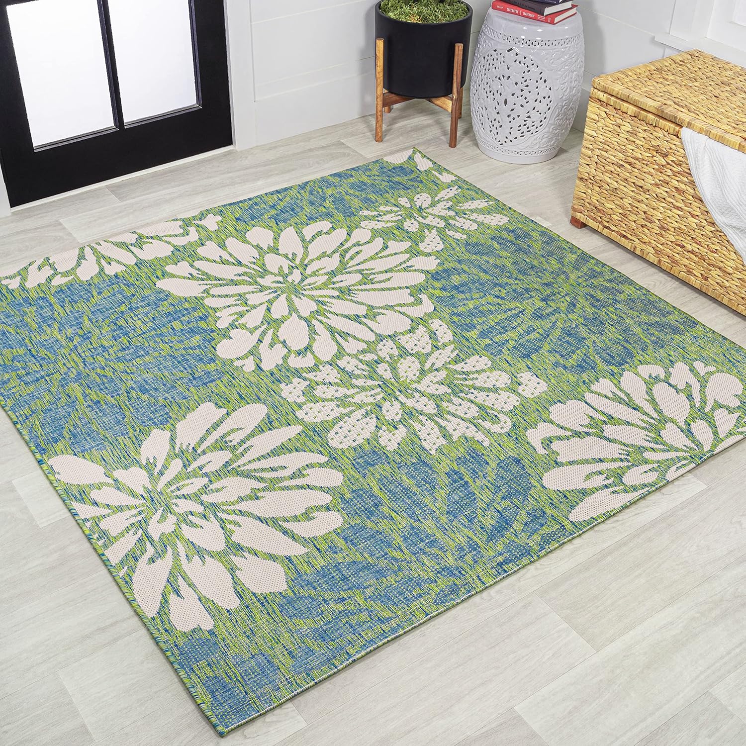 JONATHAN Y Floral Textured Weave Indoor Outdoor Area Rug 8X10 Navy/Green, Zinnia Modern for Backyard, Patio, Porch, Easy-Cleaning, High Traffic, Pet-Friendly, Non-Shedding (SMB110B-8)