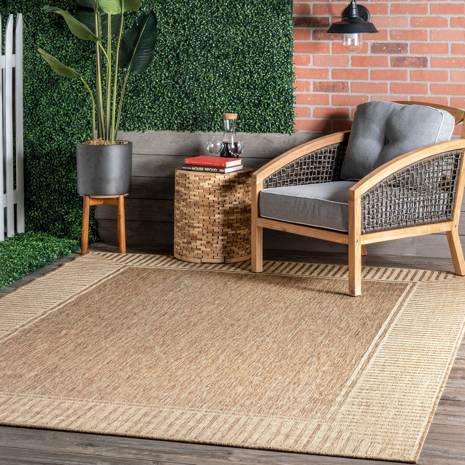 Nuloom Asha Light Brown/Ivory, 5' x 8', Casual, Striped Border, Soft and Cozy, High Traffic, Stain Resistant, Easy Clean, Durable Area Rug for Indoor/Outdoor Patio, Deck, Porch, Garden, Courtyard