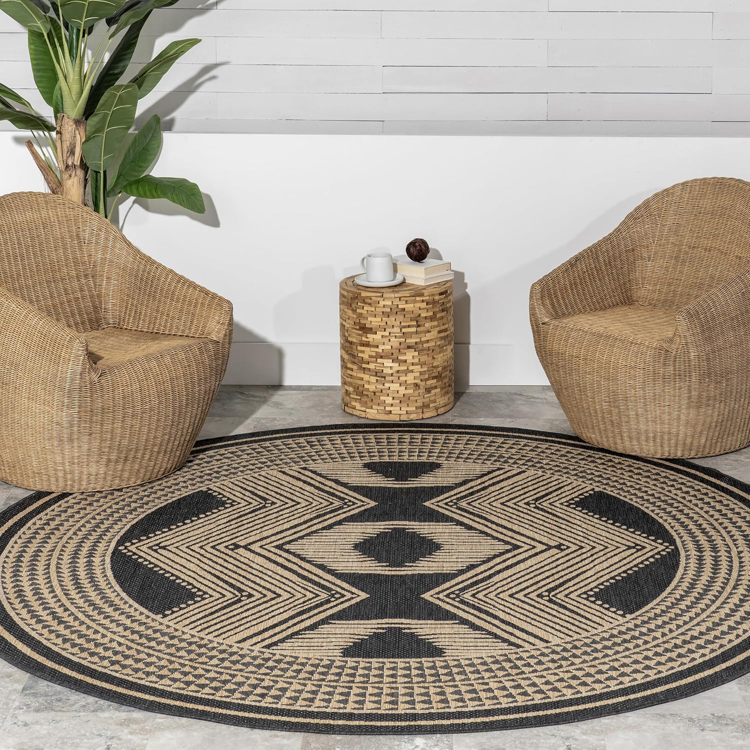 nuLOOM 5' x 8' Outdoor Tribal Geometric Area Rug, Stain Resistant, Weather Resistant, High Traffic, Patio, Balcony, Outside, Ranya Dark Grey