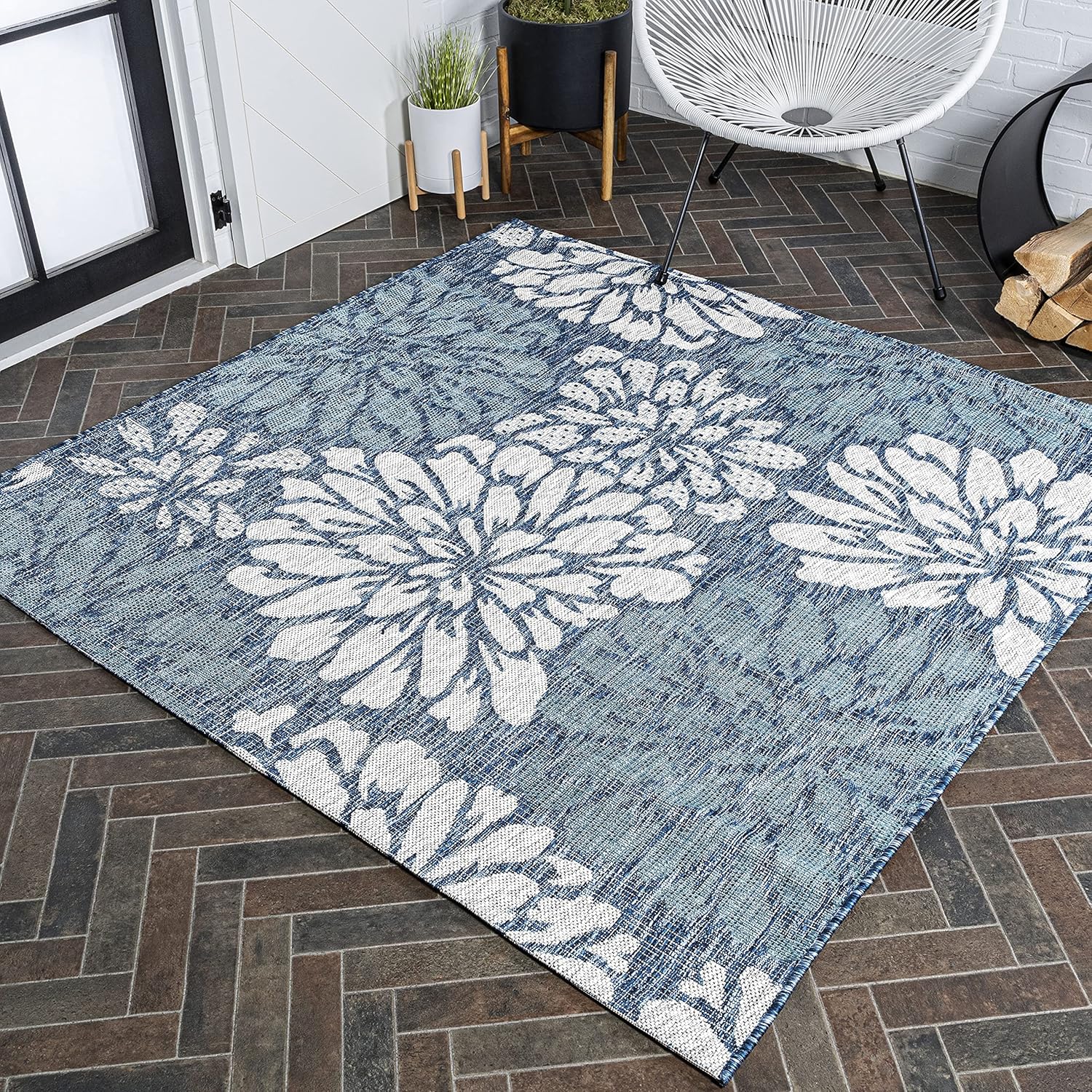 JONATHAN Y Floral Textured Weave Indoor Outdoor Area Rug 8X10 Navy/Green, Zinnia Modern for Backyard, Patio, Porch, Easy-Cleaning, High Traffic, Pet-Friendly, Non-Shedding (SMB110B-8)