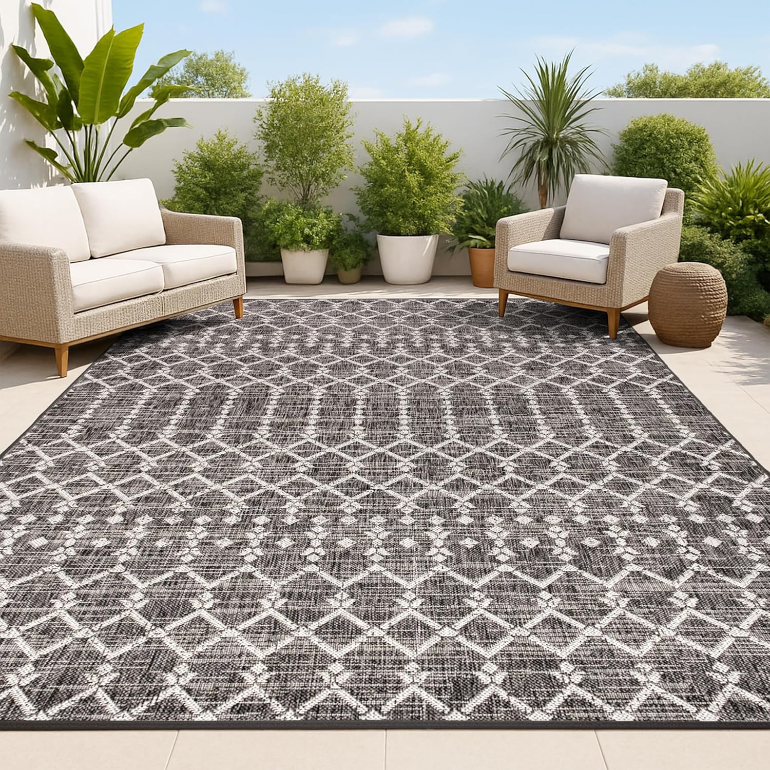 JONATHAN Y Moroccan Geometric Indoor Outdoor Area Rug 8X10 Natural/Black, Ourika Textured Weave for Backyard, Patio, Porch, Easy-Cleaning, High Traffic, Pet-Friendly, Non-Shedding (SMB108D-8)